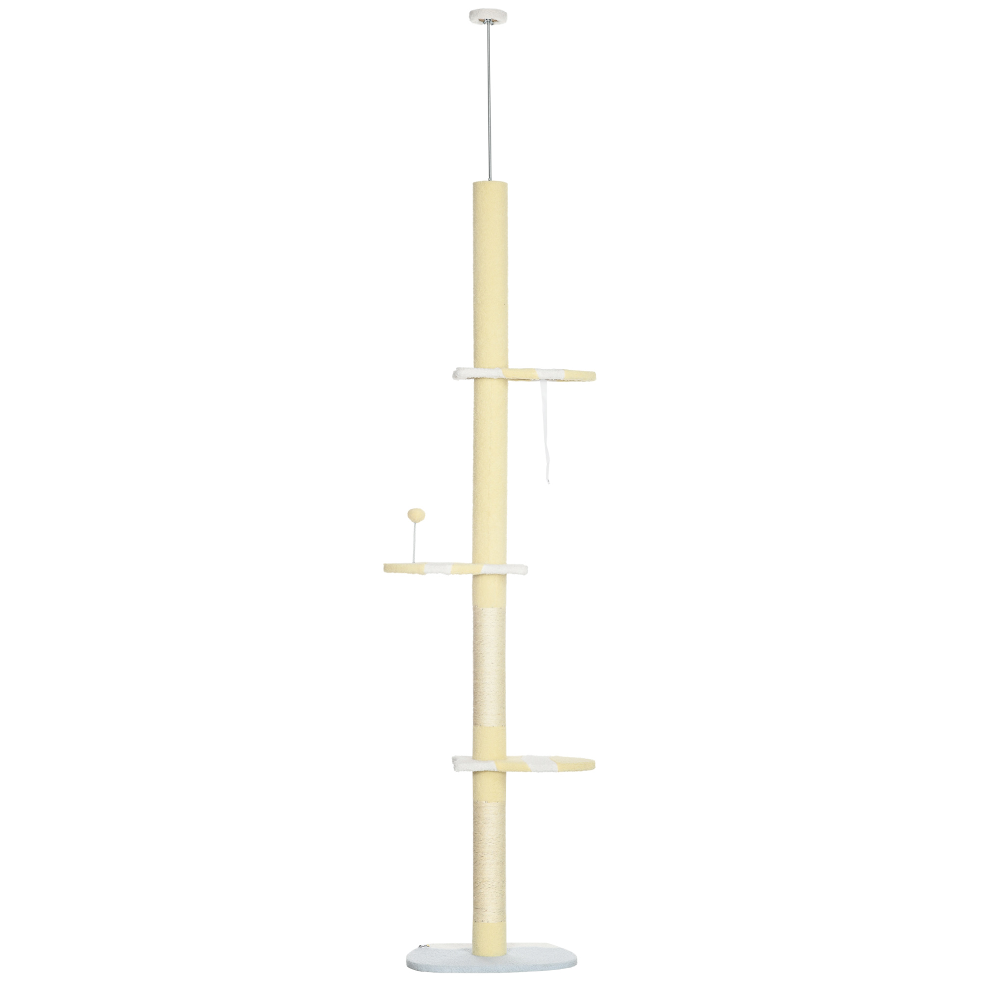 PawHut Kratzbaum, Katzenkratzbaum Deckenhoch, 220-260 cm, Kletterbaum mit Spielball, Katzenbaum Höhenverstellbar, Spielbaum mit Kippschutz, Plüsch, Gelb   Aosom