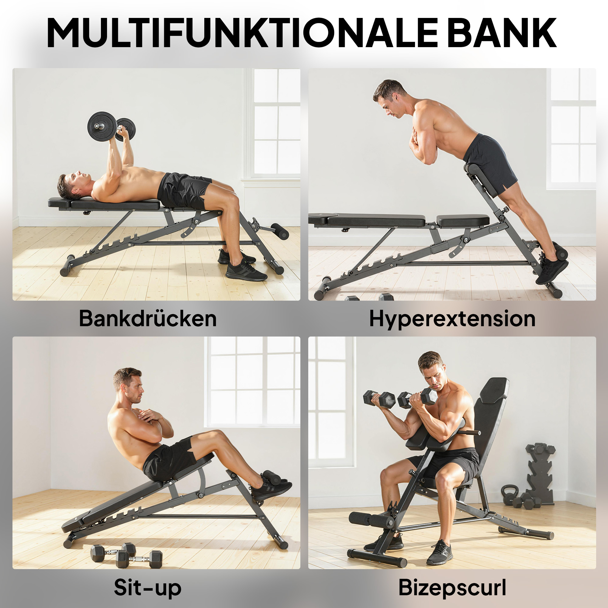 Multifunktsionaalne raskuste pink, reguleeritava kalde ja tasapinnaga, 6-positsioonilise seljatoega, 3-positsioonilise istmega, must