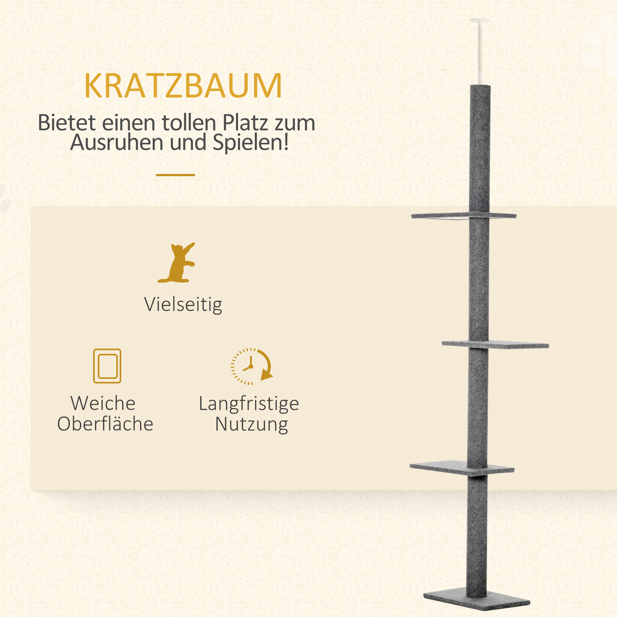 Laeni ulatuv kassipuu, 228–260 cm kõrge, platvormidega, mitmetasandiline kassipuu, ronimispuu väikestele ja suurtele kassidele, hall