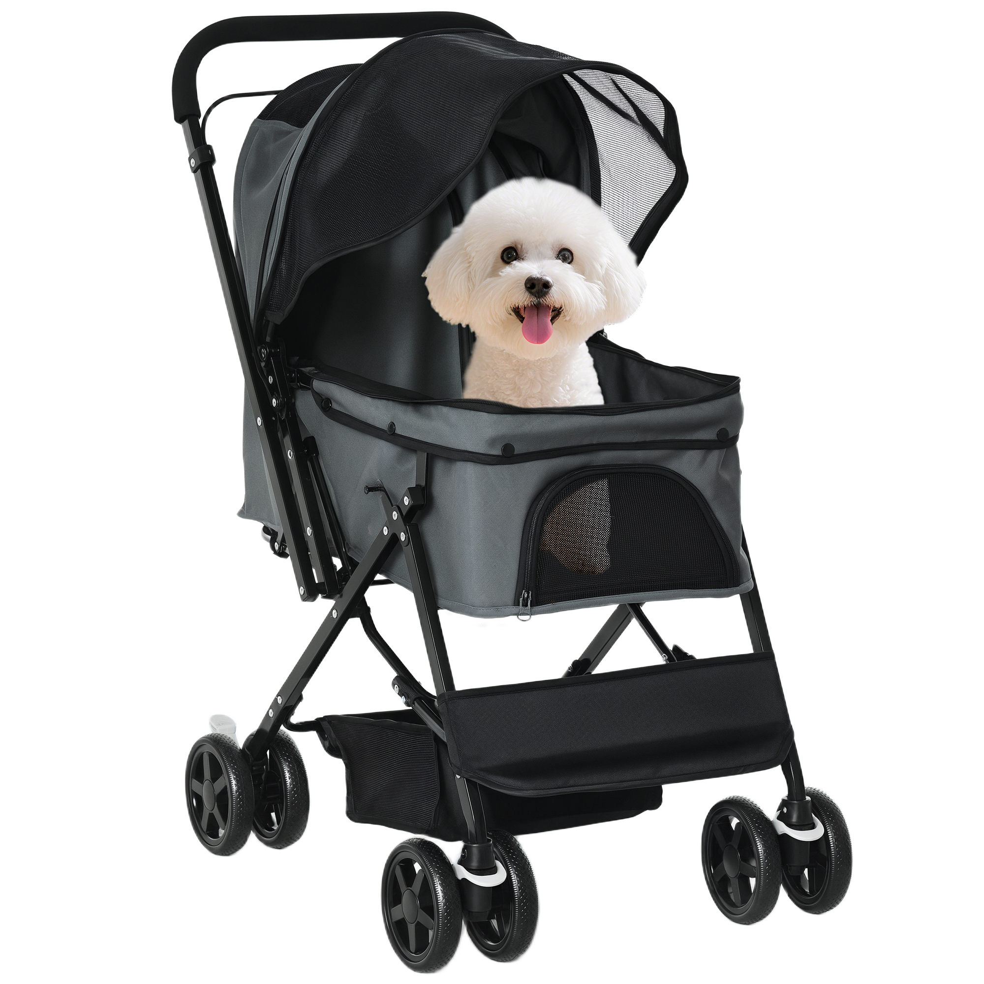 PawHut Cochecito para Mascotas Plegable con Toldo Ajustable Cesta de Almacenaje Tela Oxford 600D Acero 76,5x52x95 cm Gris | Aosom España