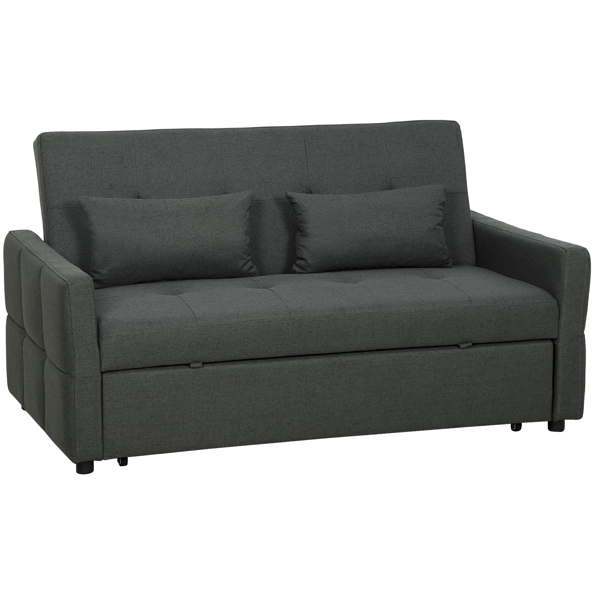 HOMCOM Schlafsofa, 3-in-1 2-Sitzer Sofa 137 x 179 cm mit Schlaffunktion, Verstellbare Rückenlehne, Ausziehbar Schlafcouch mit Kissen, Leinenoptik, Seitentasche, OEKO-TEX Standard 100, Dunkelgrau Aosom