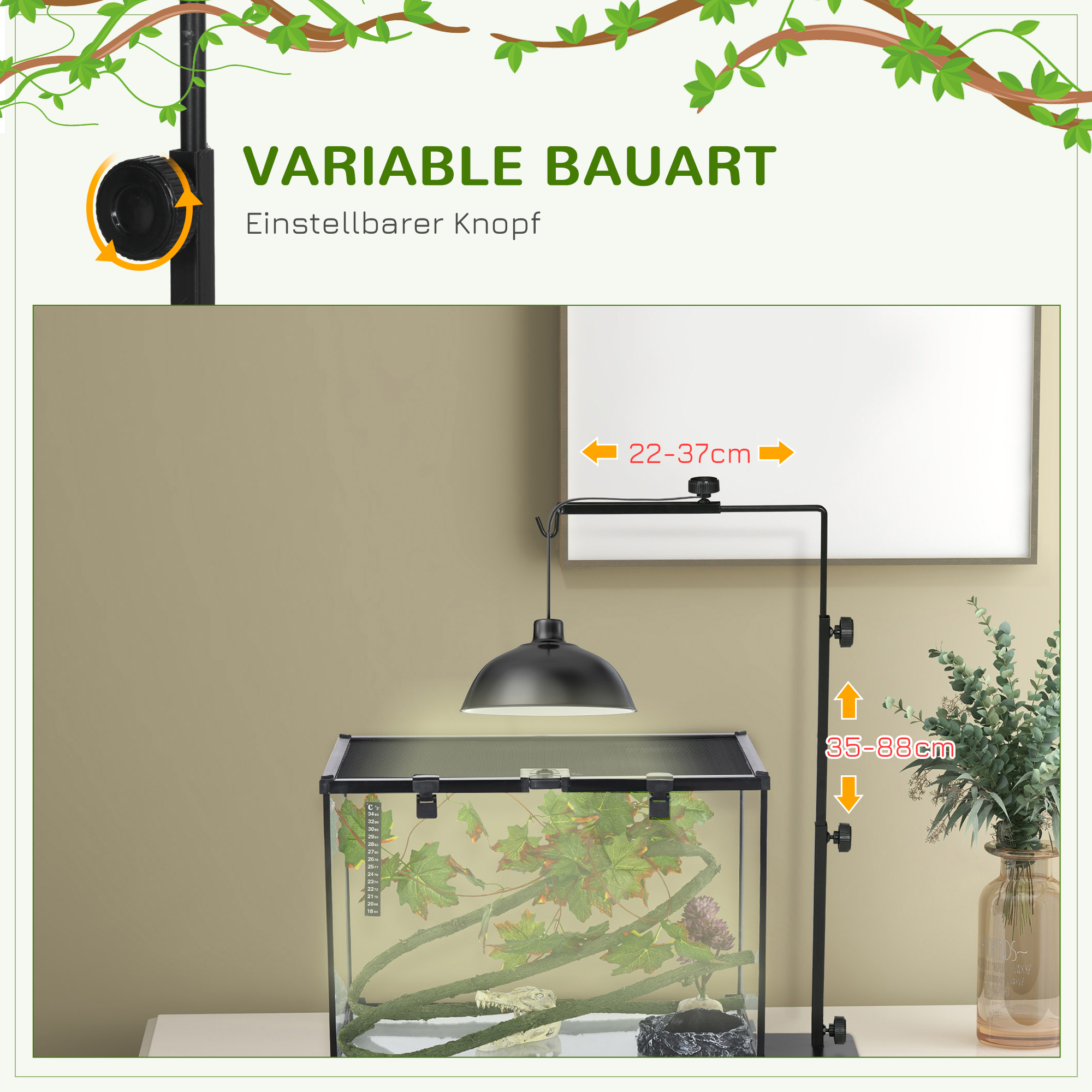 Terraariumi soojenduslambi alus, kõrguse reguleerimisega, 40x15x95cm, must