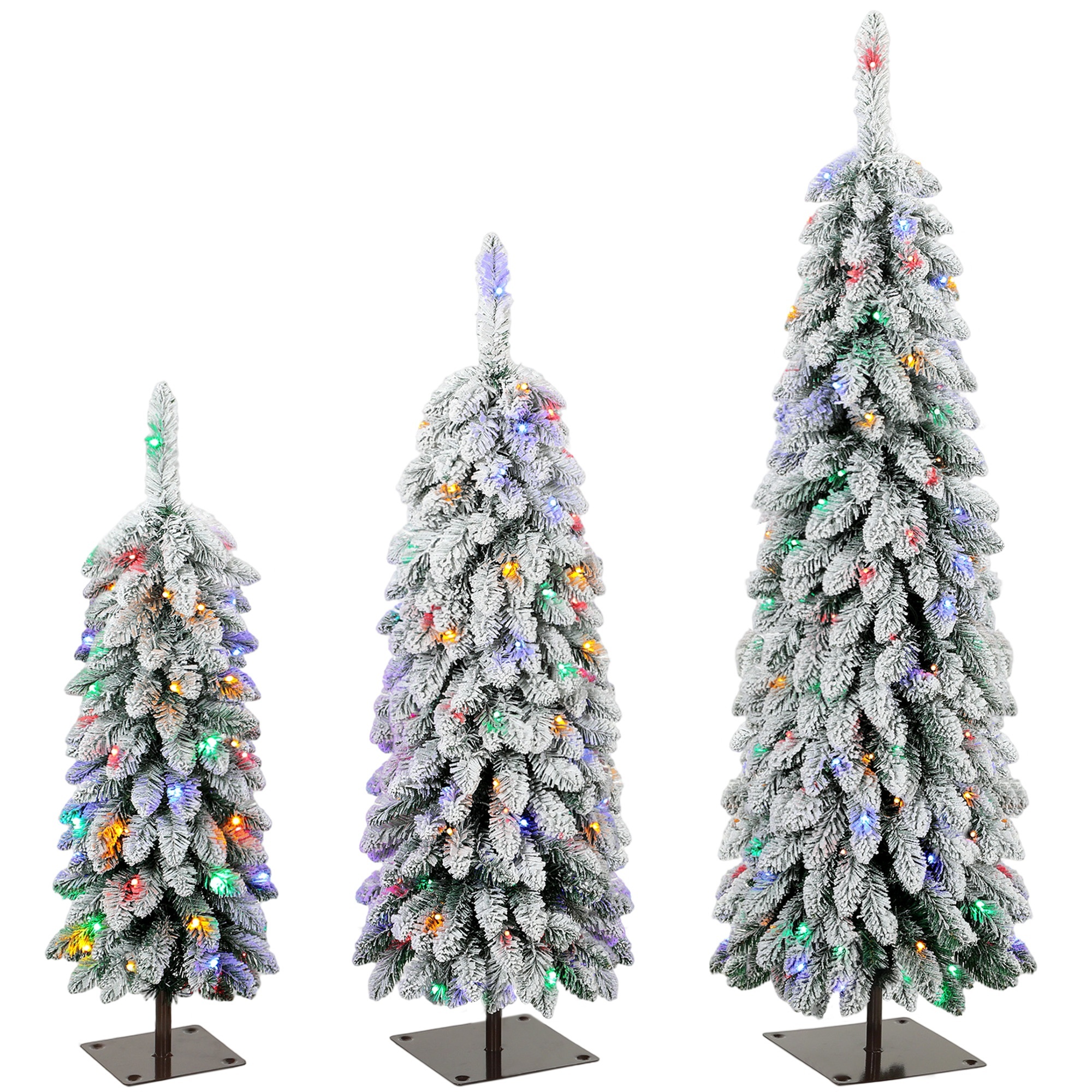Homcom Green, White Artificial Christmas Tree Set Of 3, Snowy Pre-Lit Christmas Tree With Pvc Branch Tips, 90/120/150 Cm, Green White