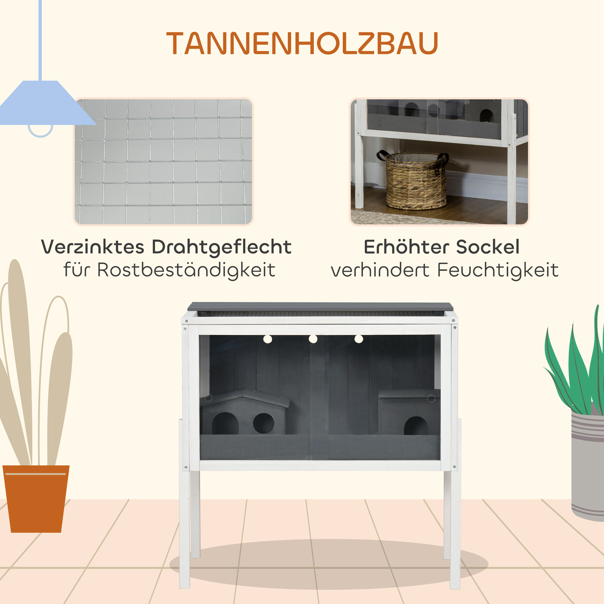 Hamstripuur, 3000 cm² kääbushamstripuur puidust ja metallist, 2 majaga, akrüülist lükanduksed, stabiilne, ohutu, hall+valge