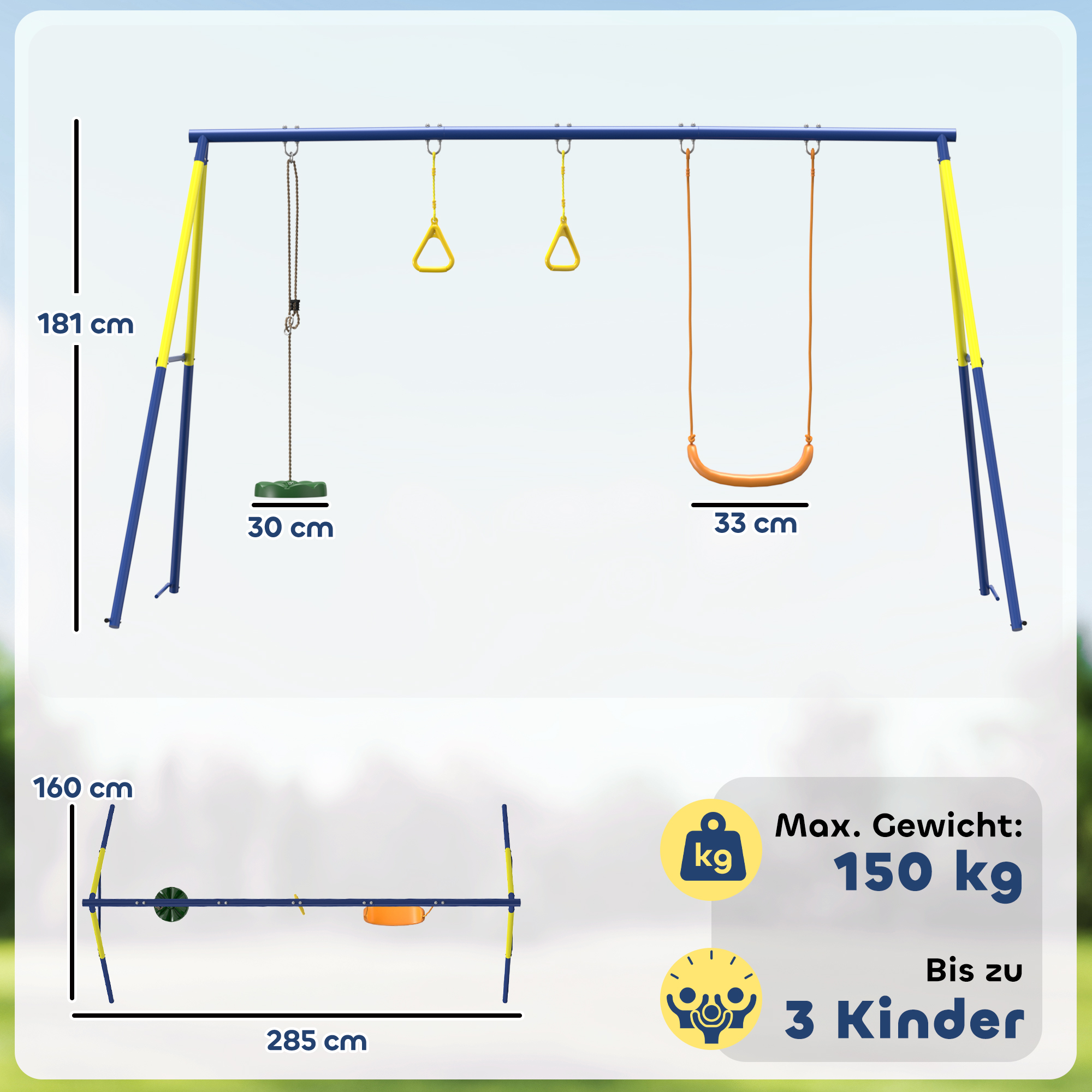 Kiik kuni 150 kg, 3-ühes lastekiik klassikalise kiigega, võimlemisrõngad, seisukiik, 285x160x181 cm