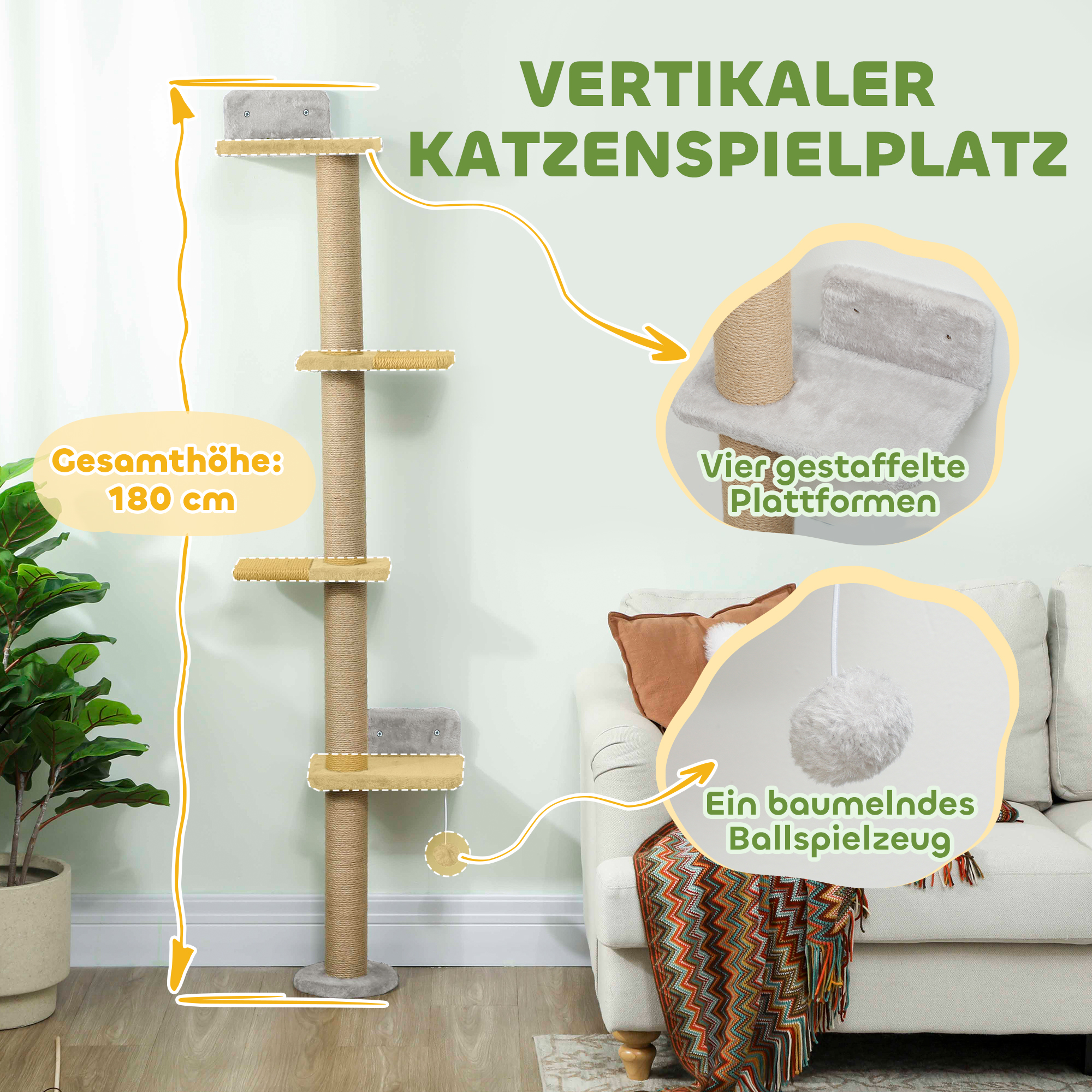 Kassi kraapimispost, 5-astmeline disain, mänguasi, sisalpostid, plüüsist kangas, helehall