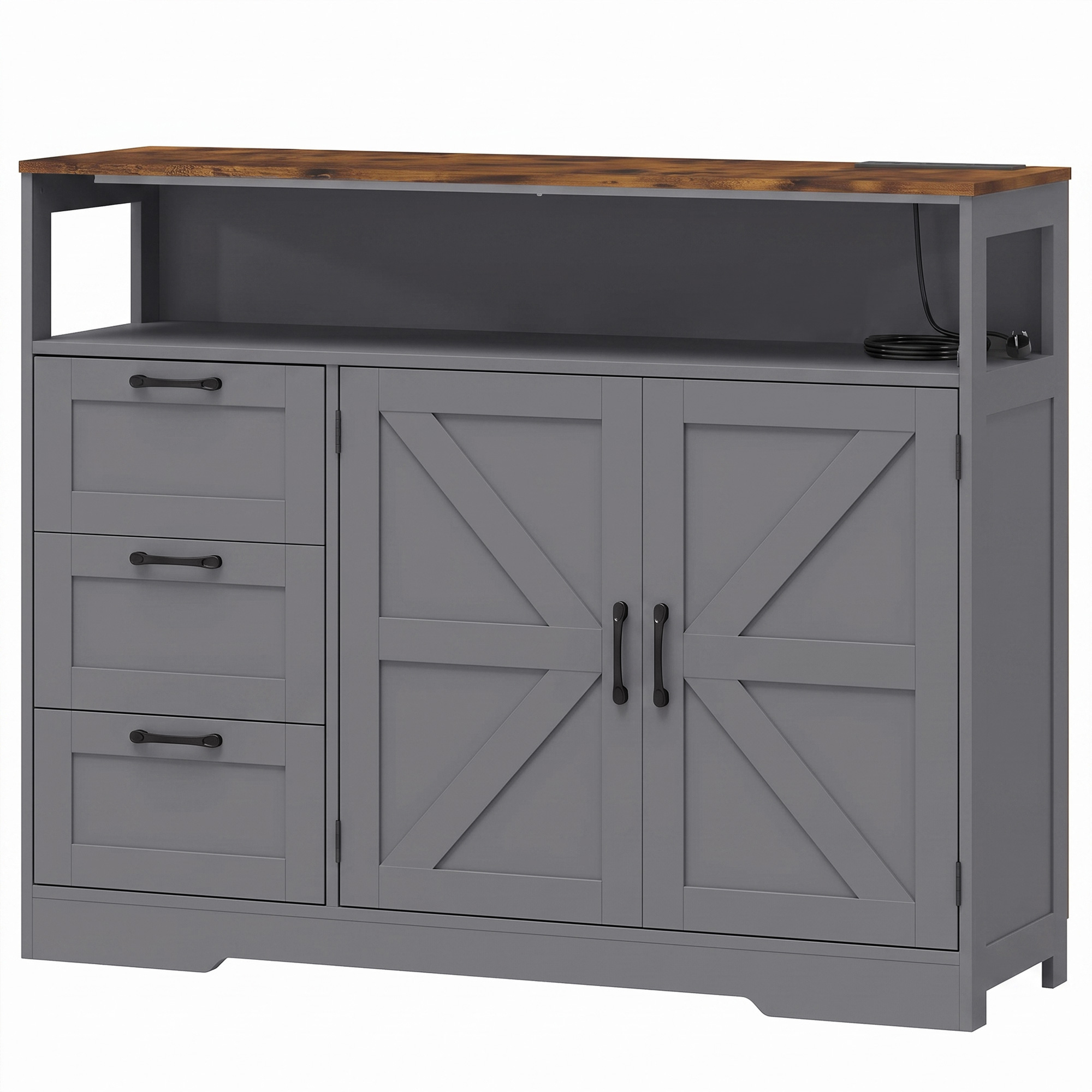 HOMCOM Sideboard Cabinet with Power Outlet, Farmhouse Kitchen Cabinet with 3 Drawers and Open Shelf, Grey HOMCOM Sideboard Cabinet with Power Outlet, Farmhouse Kitchen Cabinet with 3 Drawers and Open Shelf, Grey