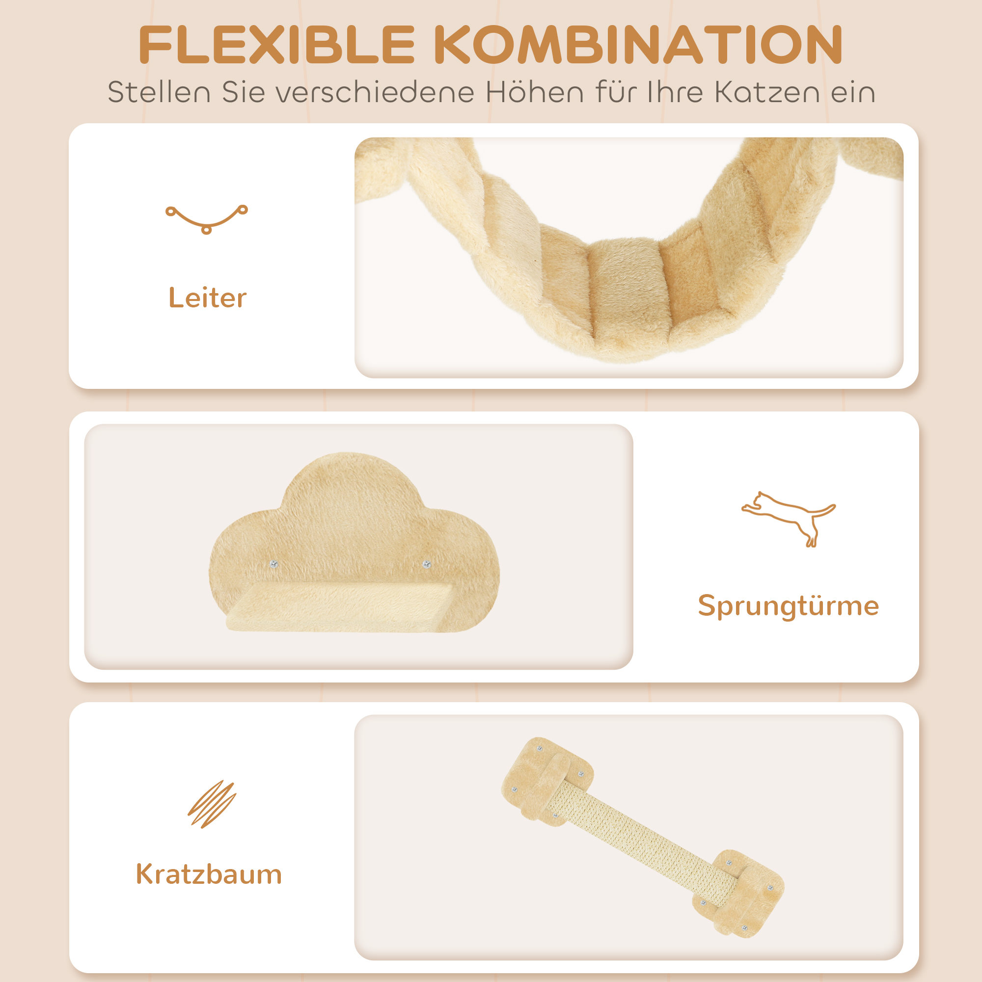 5-osaline kassironimiskomplekt kraapimispostide, hüppeplatvormide, redeli, maja ja seinakinnitusega, beež