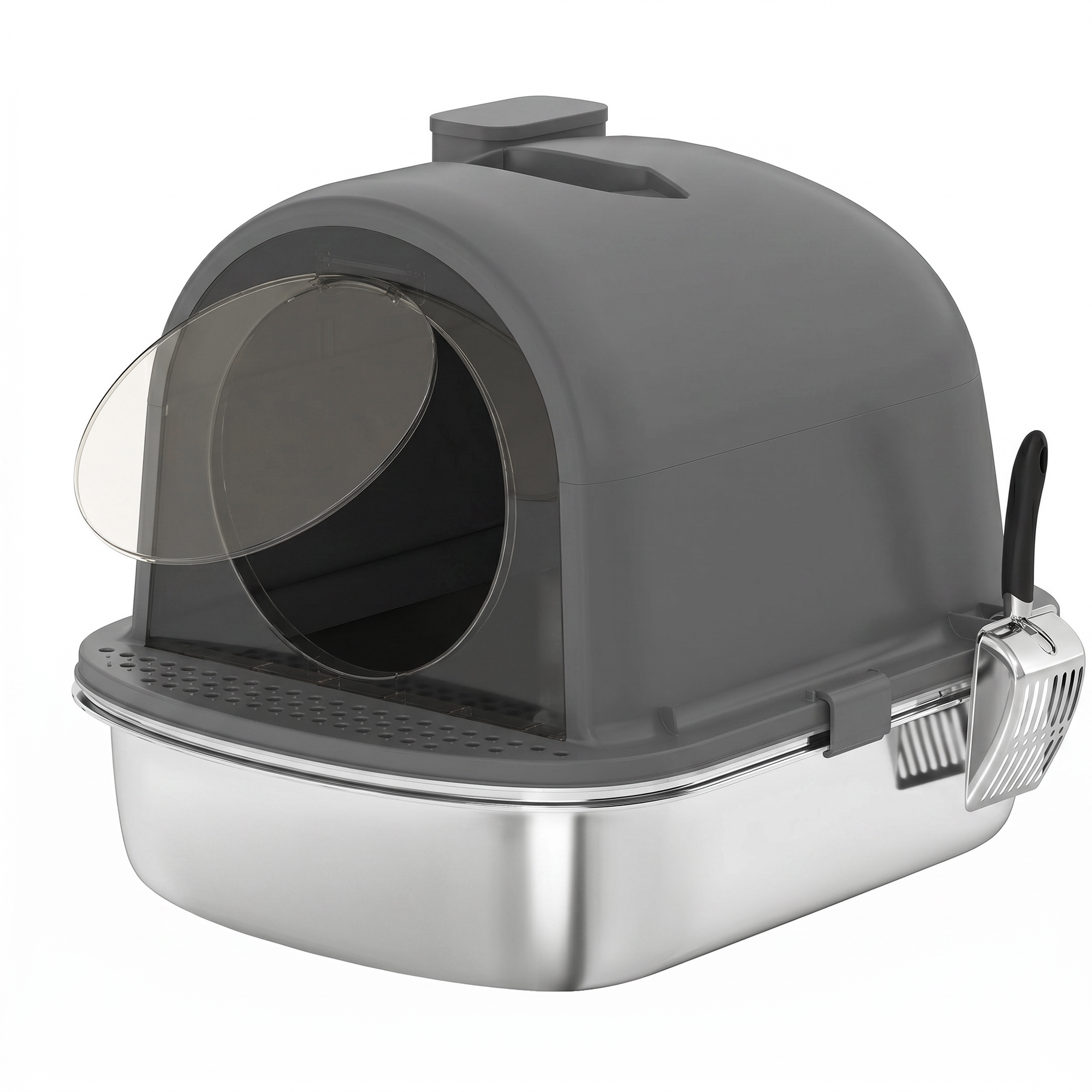 PawHut Arenero para Gatos de Acero Inoxidable con Tapa Bolsa Desodorizante Pala Fácil de Limpiar 52,4x41,3x39,9 cm Gris Oscuro