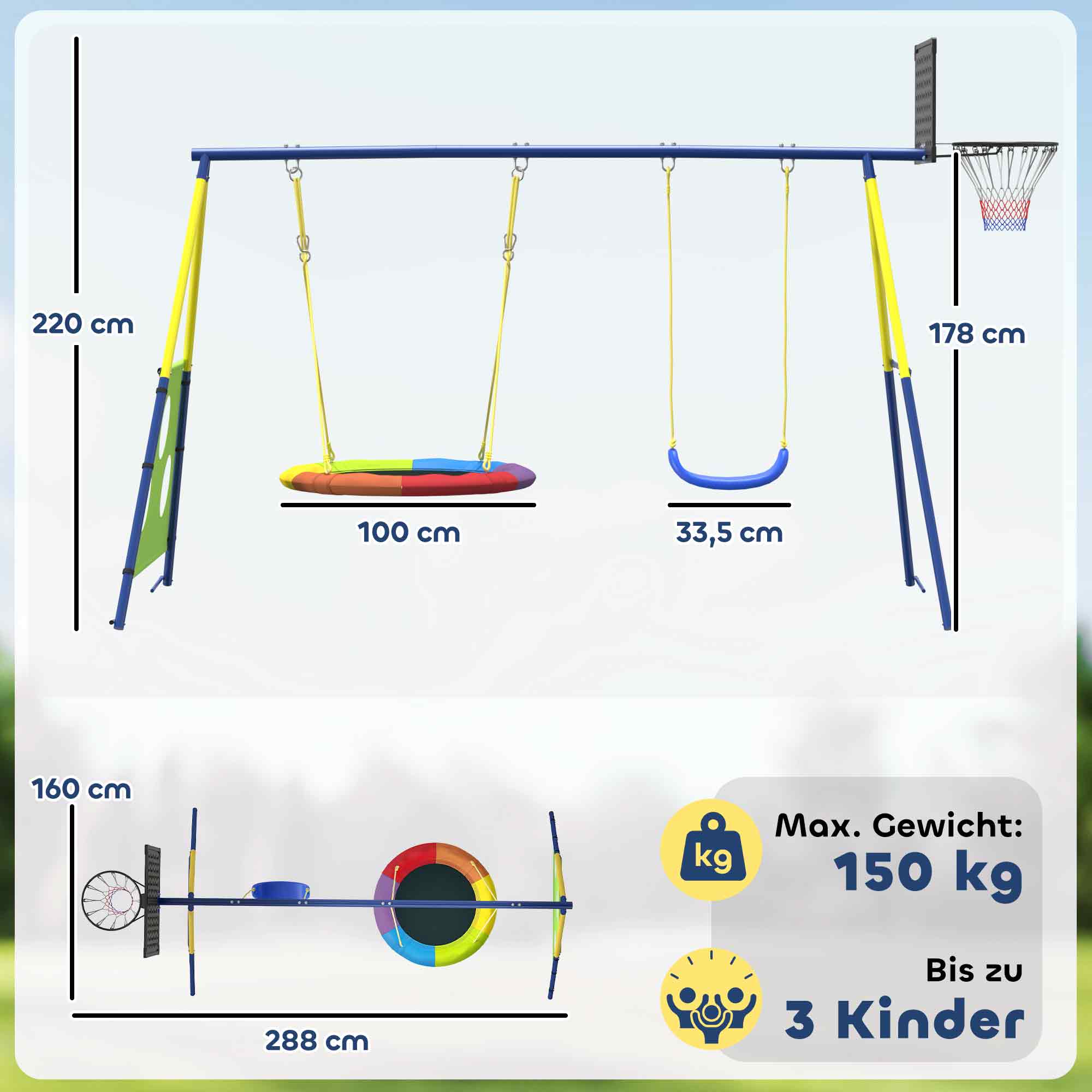 4-ühes kiik kuni 150 kg, pesakiik, korvpallikorv, jalgpallivärav, U-kiik, 288 x 160 x 220 cm