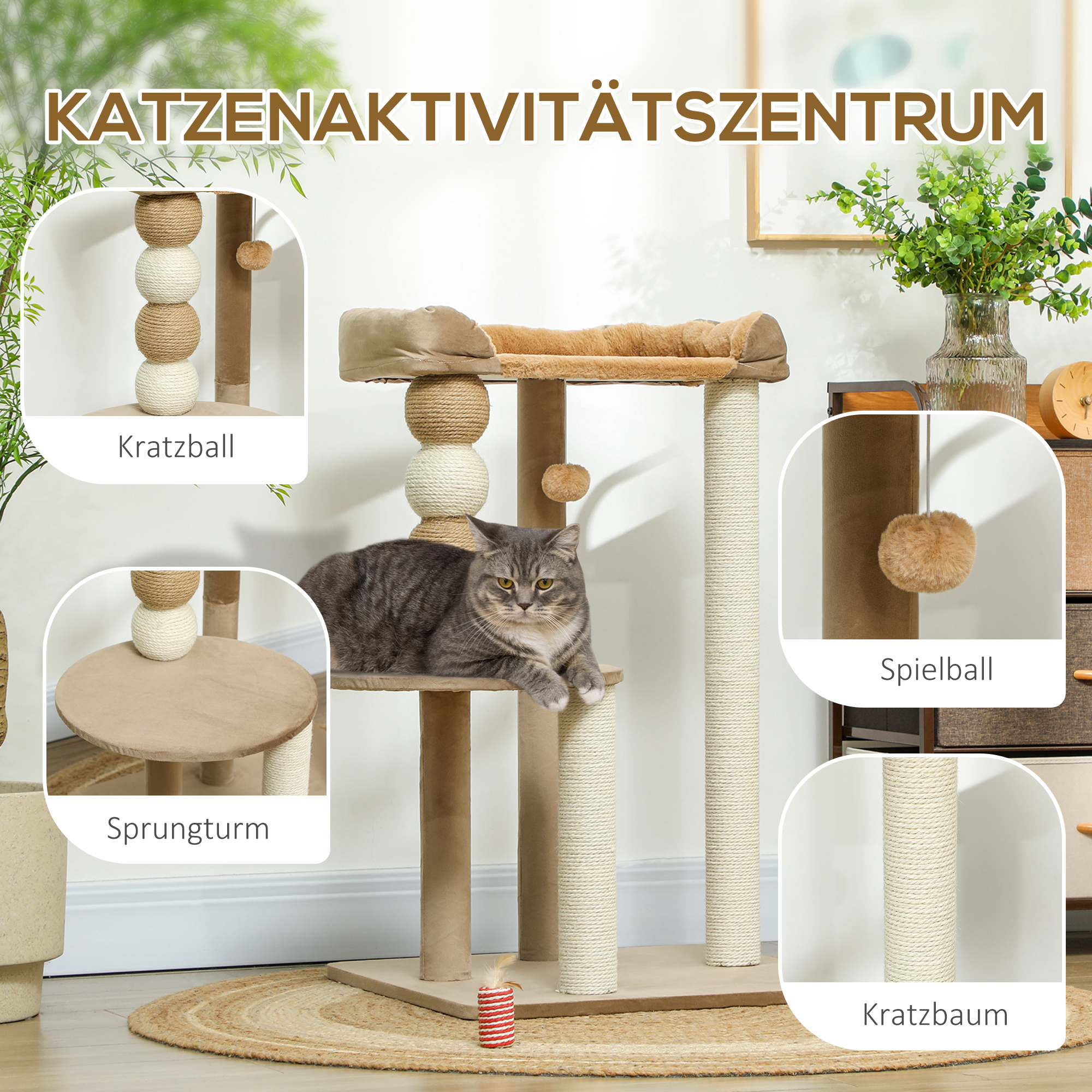 Kassipuu kahetasandiline, mängupall, kraapimispostid, kraapimispallid, kuni 7 kg, 56 x 54 x 86 cm, pruun