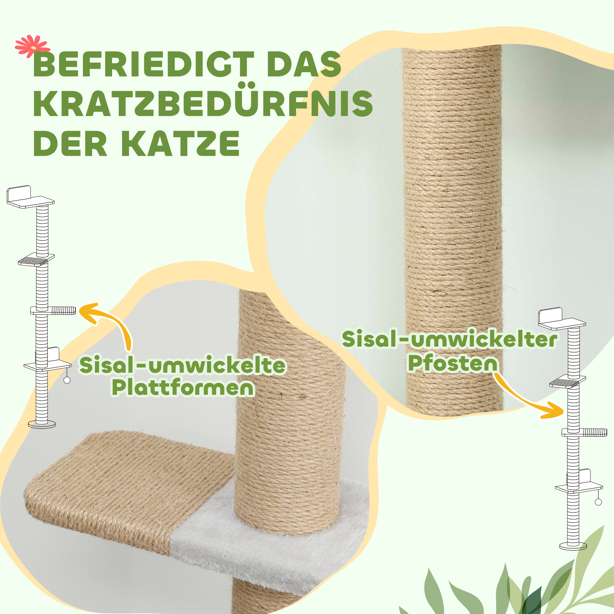Kassi kraapimispost, 5-astmeline disain, mänguasi, sisalpostid, plüüsist kangas, helehall