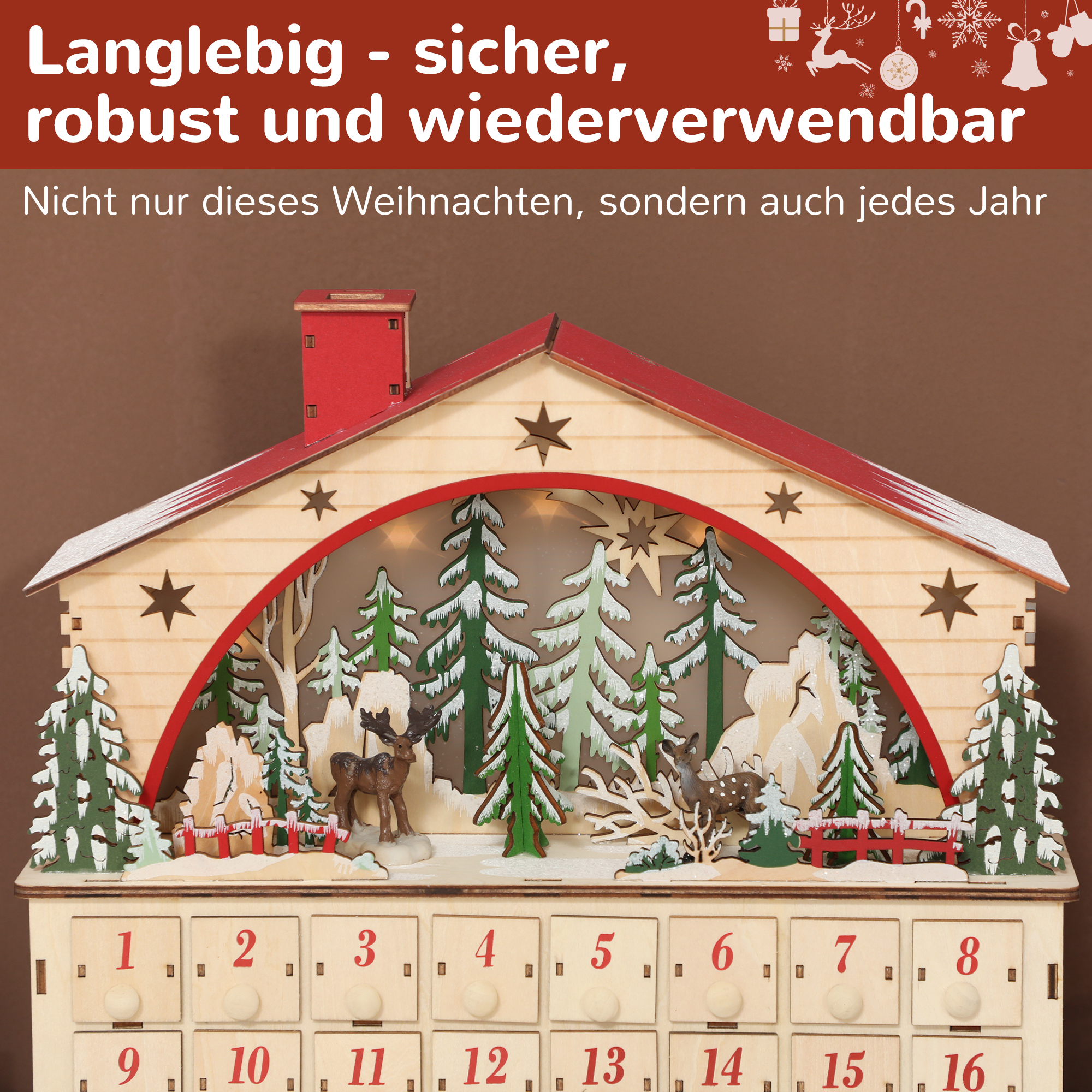 Täidetav advendikalender, 24 sahtlit ja sektsiooni, LED-tuledega jõulukalender, naturaalne puit, 36 x 10 x 34 cm