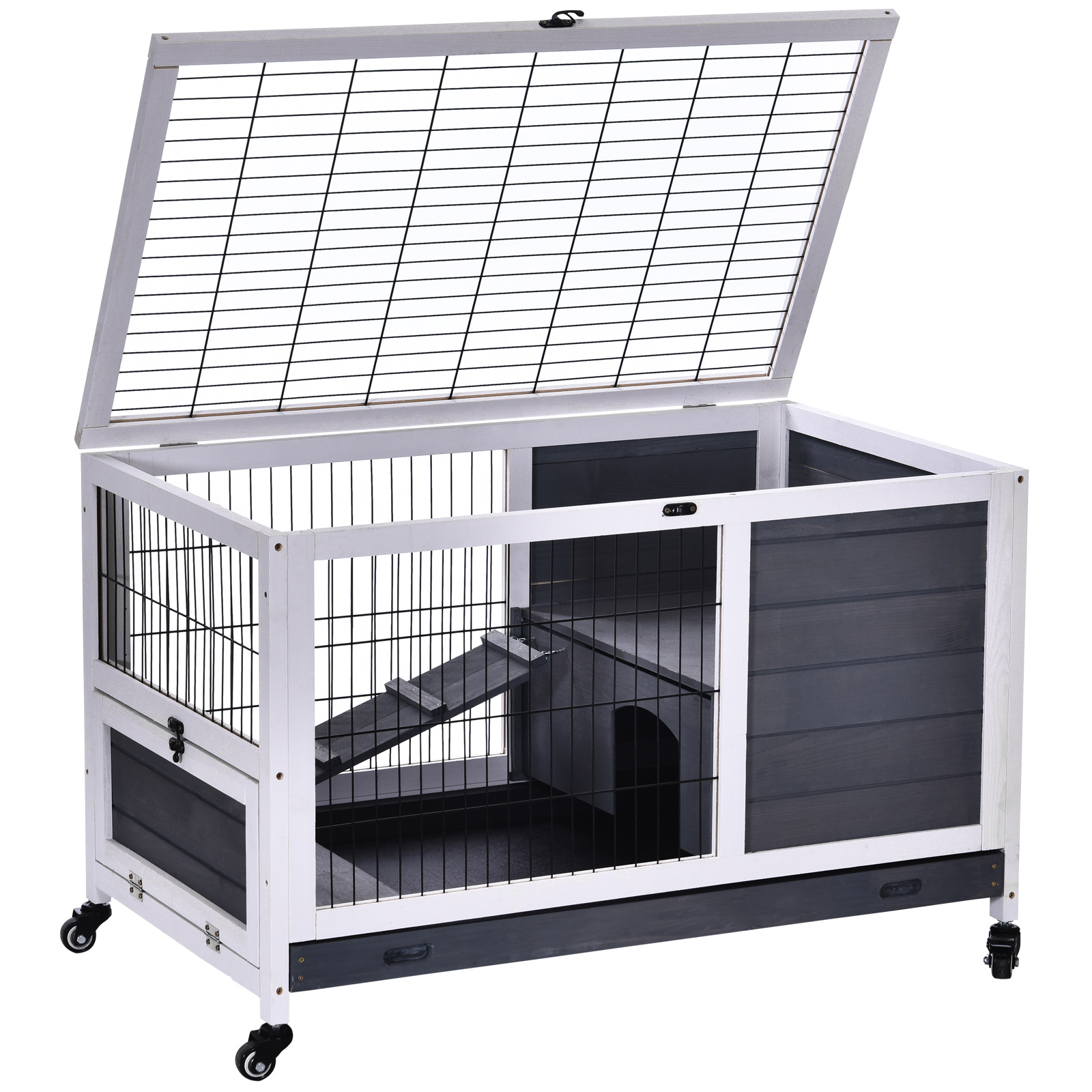 PawHut Jaula de Conejos Conejera para Mascotas Pequeñas con Techo Abrible y Bandeja Extraíble 90x53x59 cm Gris y Blanco