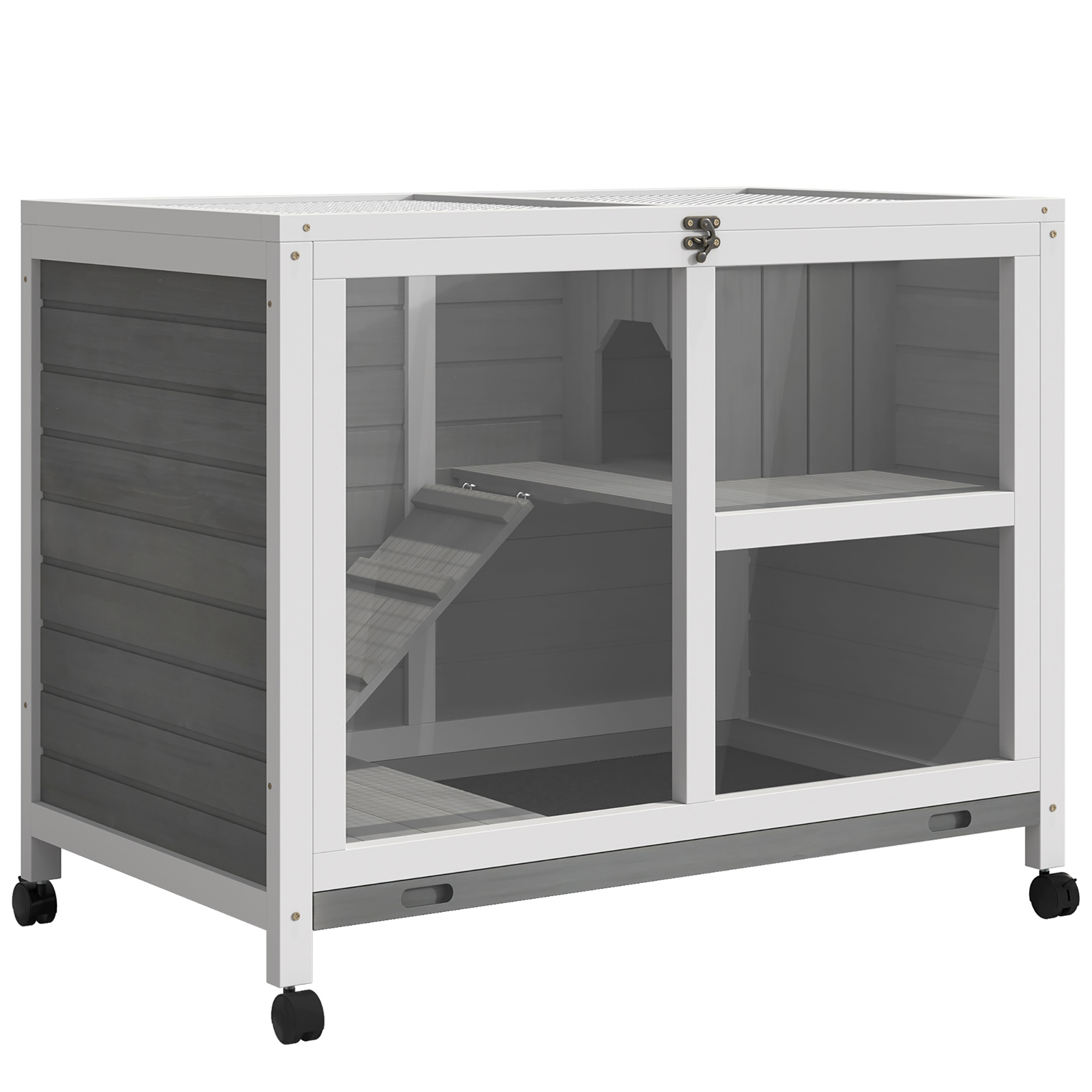 PawHut konijnenhok, 2 verdiepingen, mobiel op 360° wielen, massief hout, afsluitbaar deksel en uitneembare bak, 110 x 66 x 100 cm, grijs | Aosom.nl