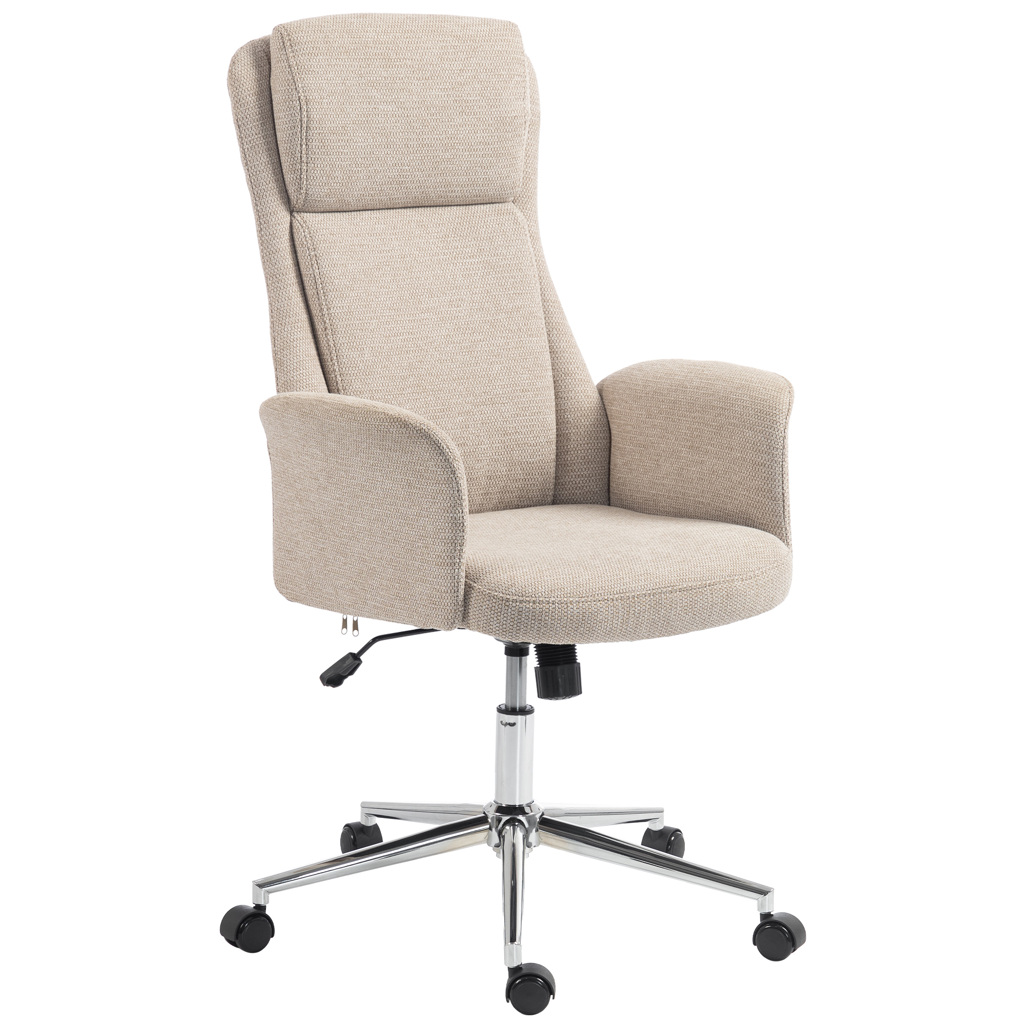 HOMCOM Ergonomischer Bürostuhl mit hoher Rückenlehne und Doppelpolster, gepolsterter Drehstuhl mit Chenille, Wippfunktion, gepolsterte Armlehnen, Rollen, höhenverstellbar, Beige Aosom