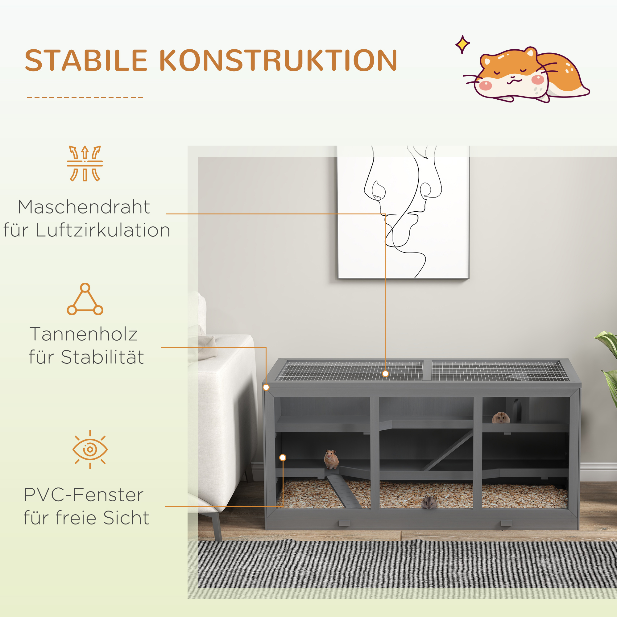 Kääbushamstri puur, näriliste puur, väikeloomade kast, lukustatav, puit, kergesti puhastatav, hall