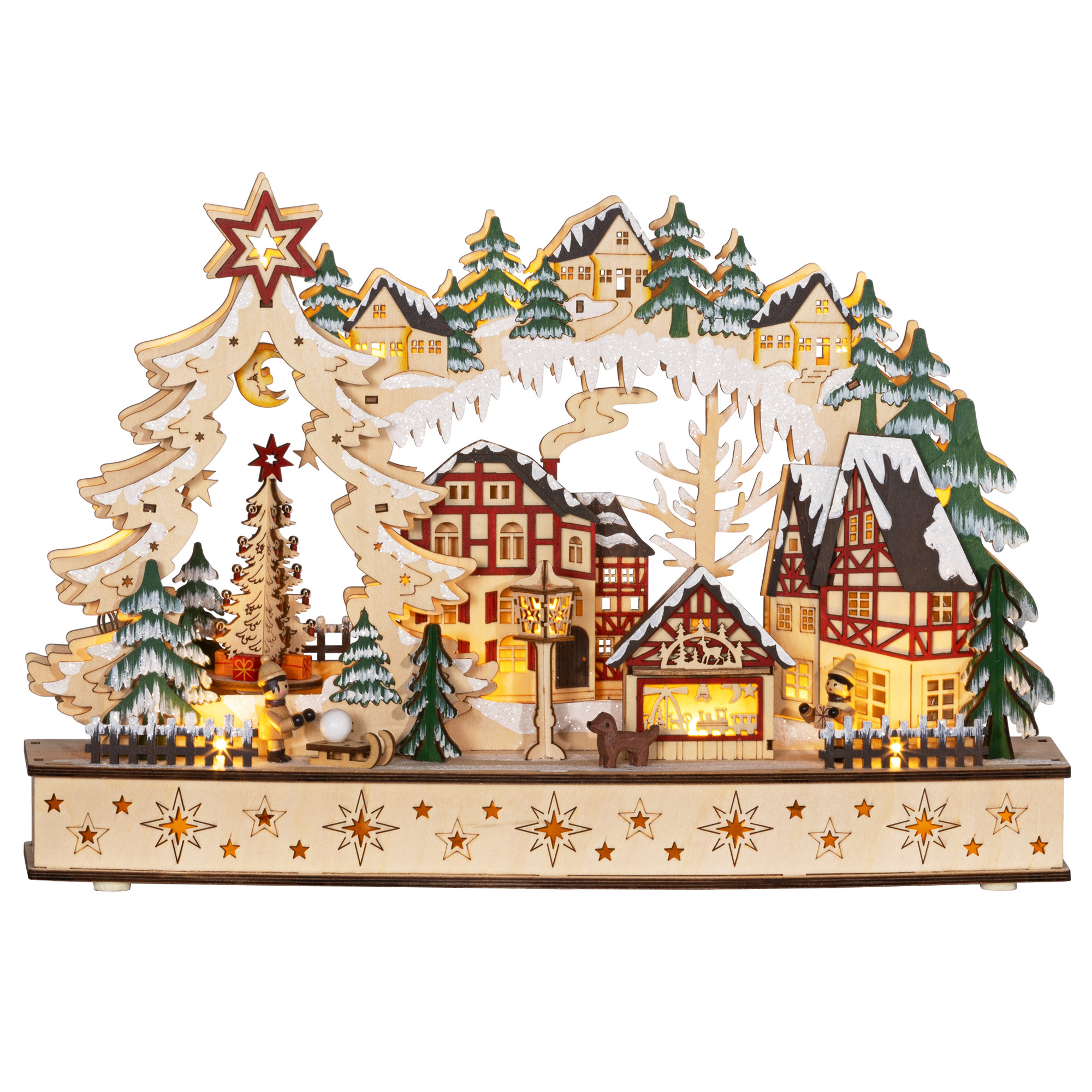 HOMCOM Village de Noël lumineux, village de Noël animé en bois, avec 20 LED, paysage enneigé, 45L x 12l x 30H cm, bois naturel HOMCOM Village de Noël lumineux, village de Noël animé en bois, avec 20 LED, paysage enneigé, 45L x 12l x 30H cm, bois naturel