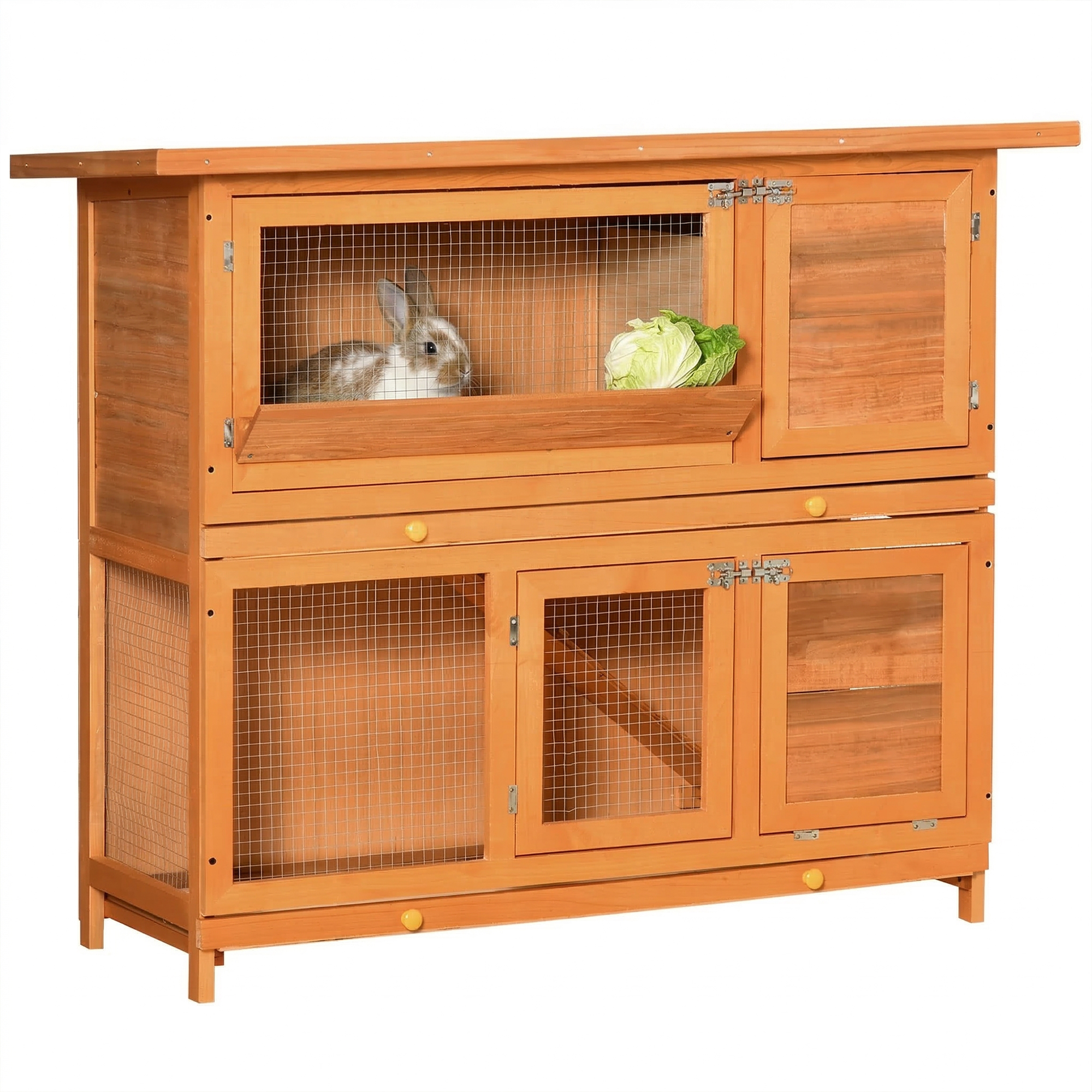 PawHut Conejera de Madera Exterior 2 Niveles para Conejos con Rampa Puertas 2 Bandejas Extraíbles 120x48x100 cm Madera Natural | Aosom España