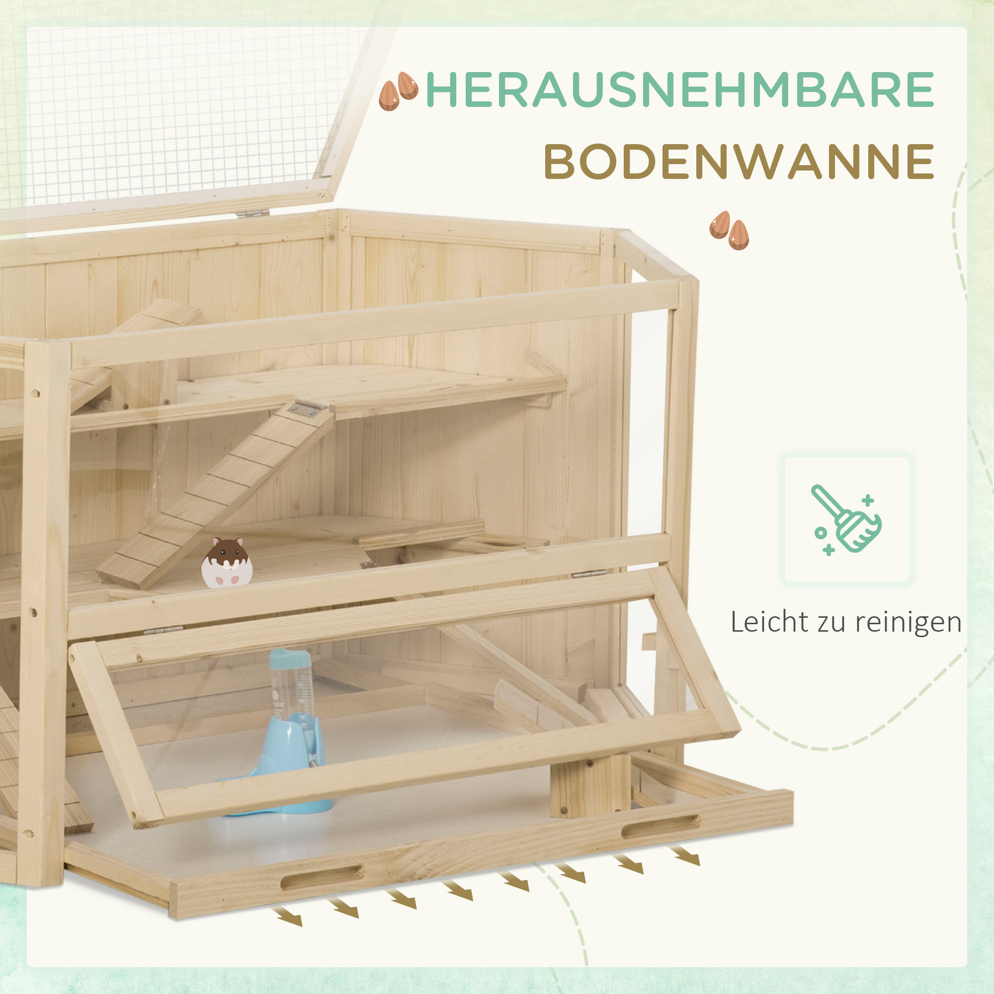 Väikeloomade puur, näriliste puur, näriliste kodu 1 kaldteega, 1 kiigel, eemaldatav alusalus, kuusepuit, naturaalne