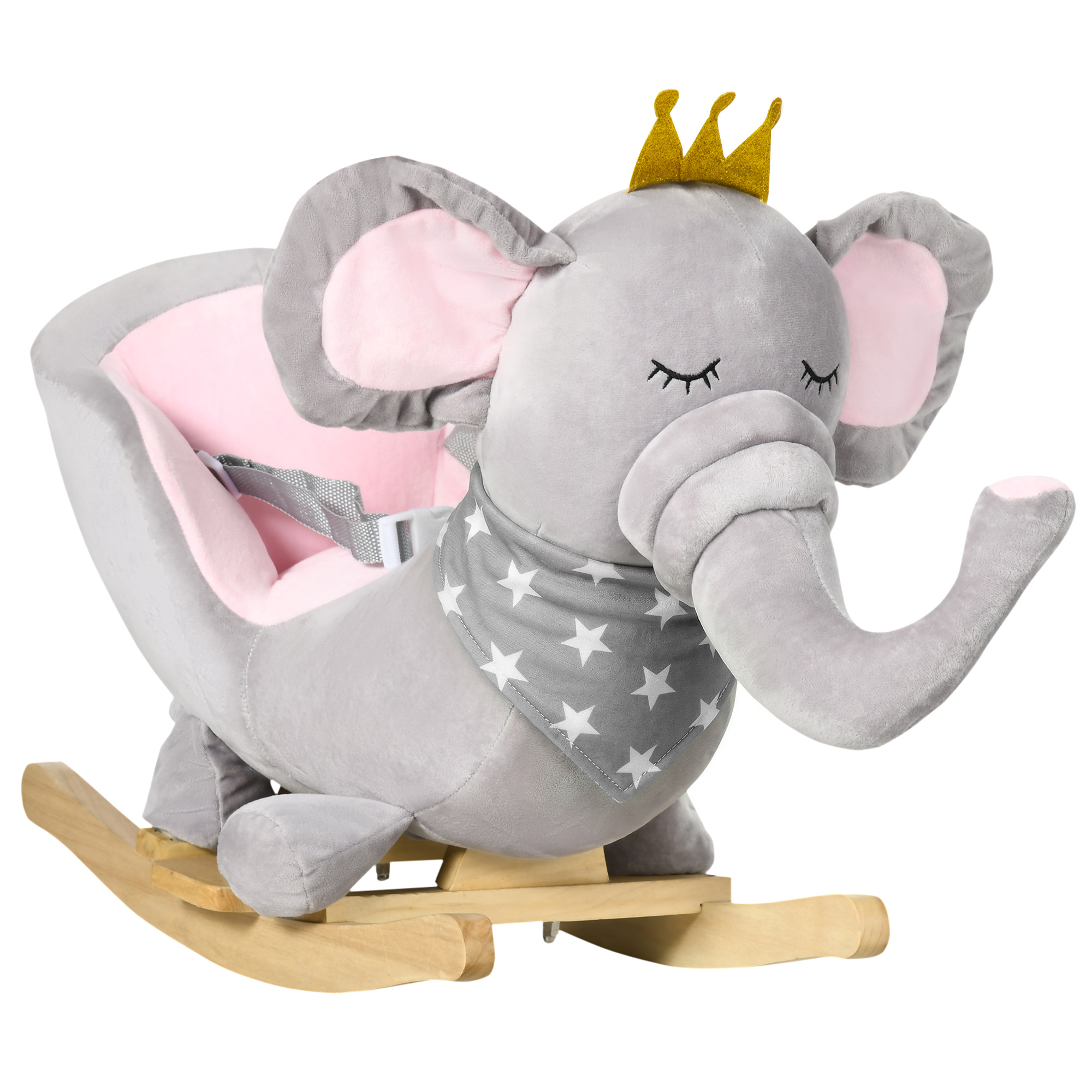 HOMCOM Elephant Baby Rocking Horse with Wooden Base, Safety Belt, Rocker Chair Toy for 1.5-3 Years, Grey Aosom UK