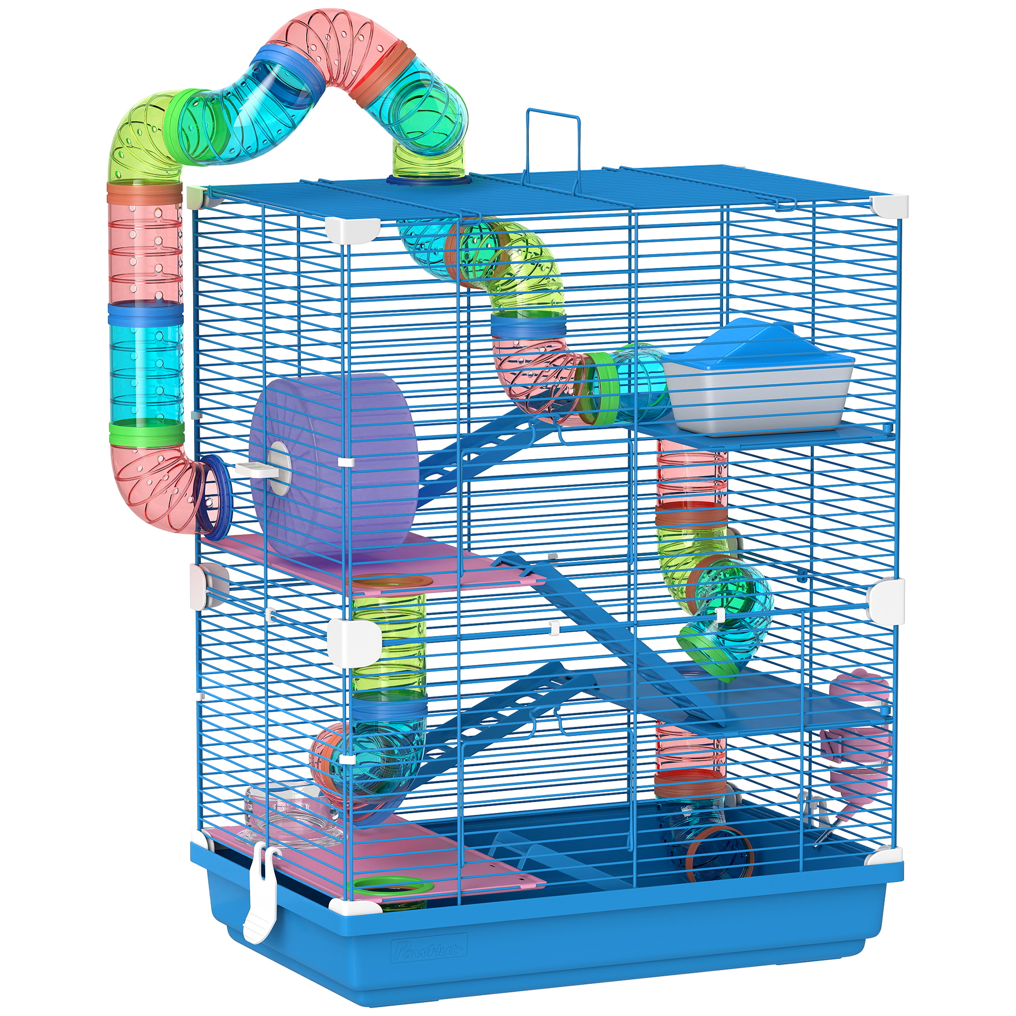 Pawhut Blue 5 Tier Hamster Cage Carrier Habitat W/ Exercise Wheels, Tunnel,