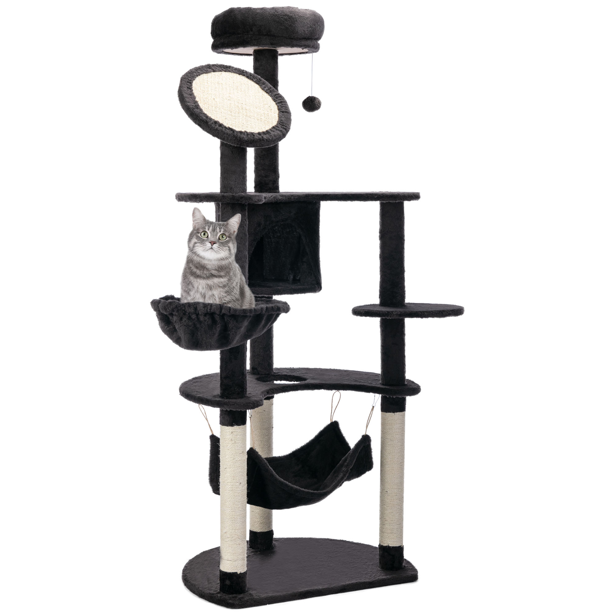 PawHut Árbol Rascador Grande para Gatos 153 cm con Cueva Hamacas Tablero Postes de Sisal y Bola Colgante Juego y Descanso Gris Oscuro | Aosom España