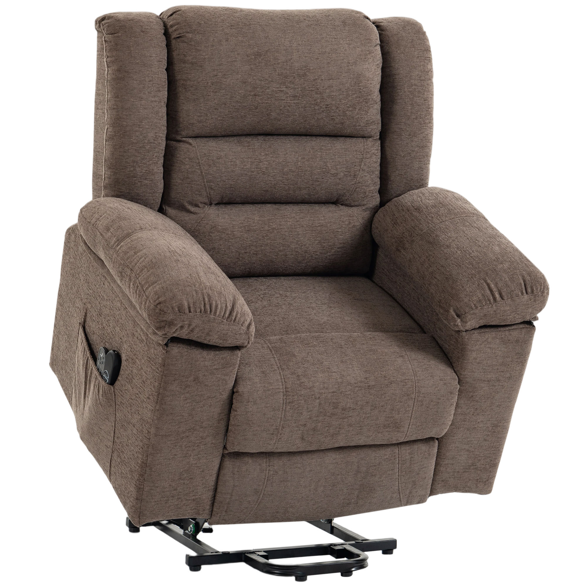 HOMCOM Übergroßer elektrischer Aufstehsessel, beheizt, für Senioren, breite Armlehnen und Sitzfläche, Relaxsessel, 8-Punkt-Massage, Chenille, Fußstütze, 2 Fernbedienungen, USB, Taschen, Braun Aosom