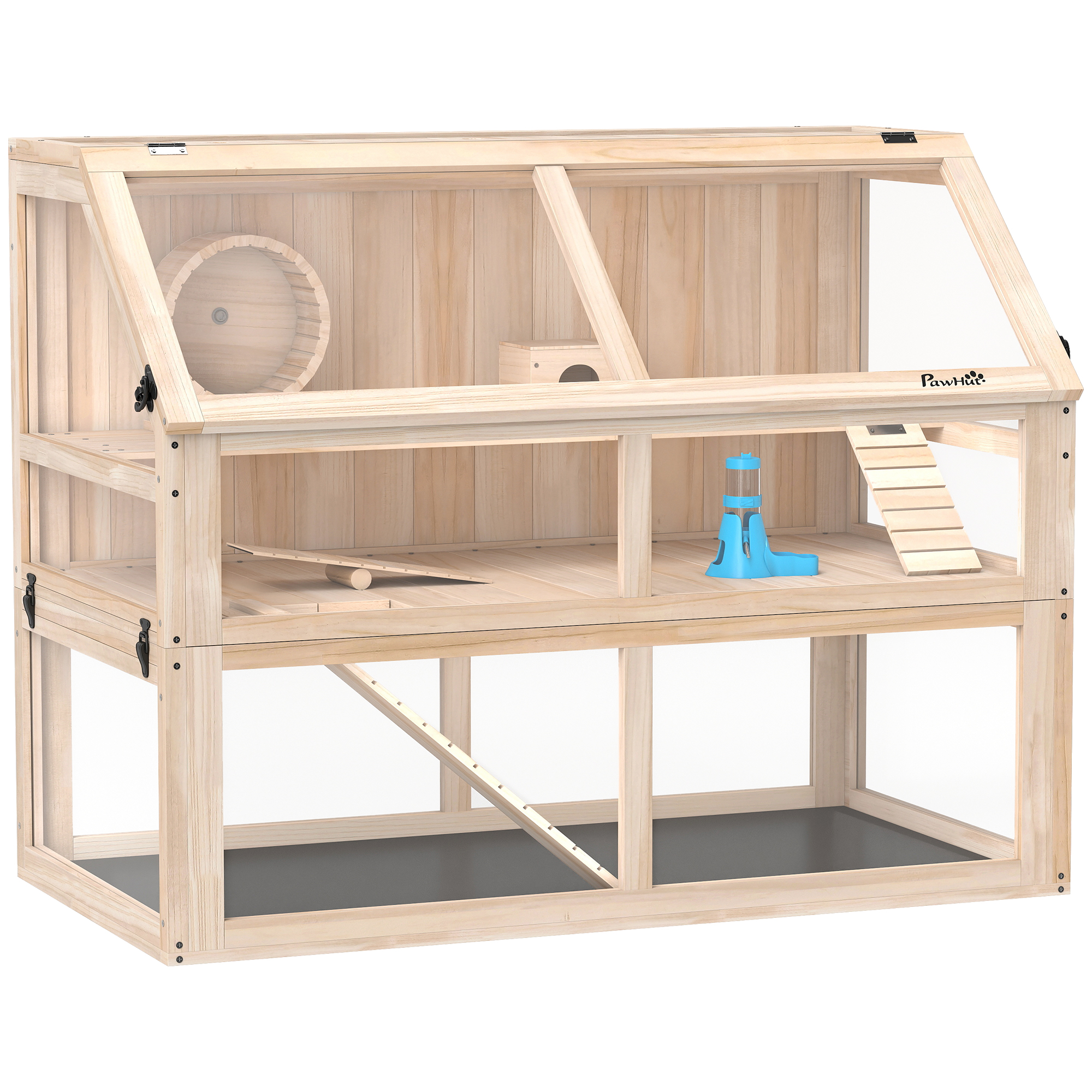 PawHut Hamsterkäfig aus Holz 3 Etagen 95 x 53 x 76 cm Nagerkäfig Kleintierkäfig mit Wippe Laufrad Hütte tiefem Untergeschoss Mäusekäfig für Zwerghamster Naturholz   Aosom
