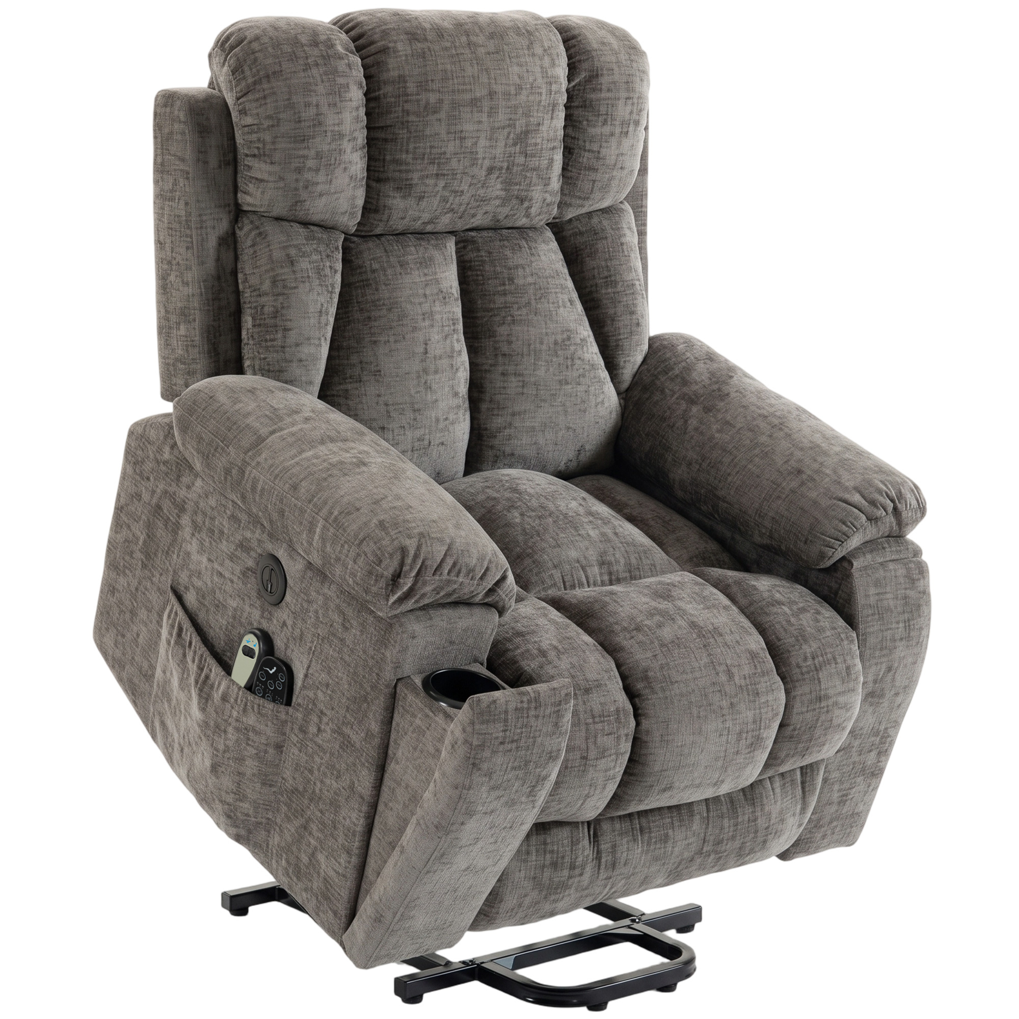 HOMCOM Relaxsessel Fernsehsessel Elektrisch mit Aufstehhilfe, Massage & Wärme, Liegefunktion, Massagesessel mit USB-Anschluss, Fernbedienung, Seitentasche, Becherhalter, Chenille-Optik, Dunkelgrau   Aosom