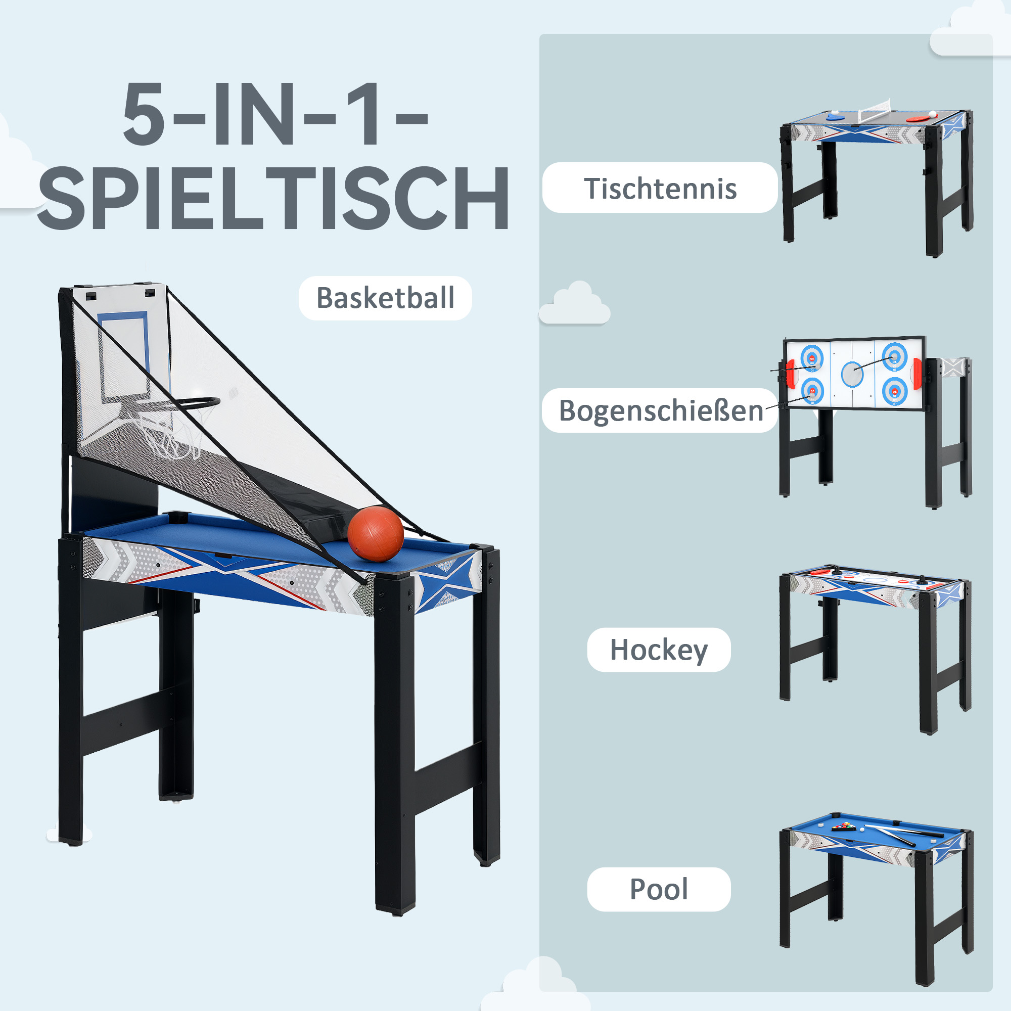 5-ühes minimängulaud, piljard, lauatennis, hoki, korvpall, vibulaskmine, lisatarvikud kaasas, MDF, plast