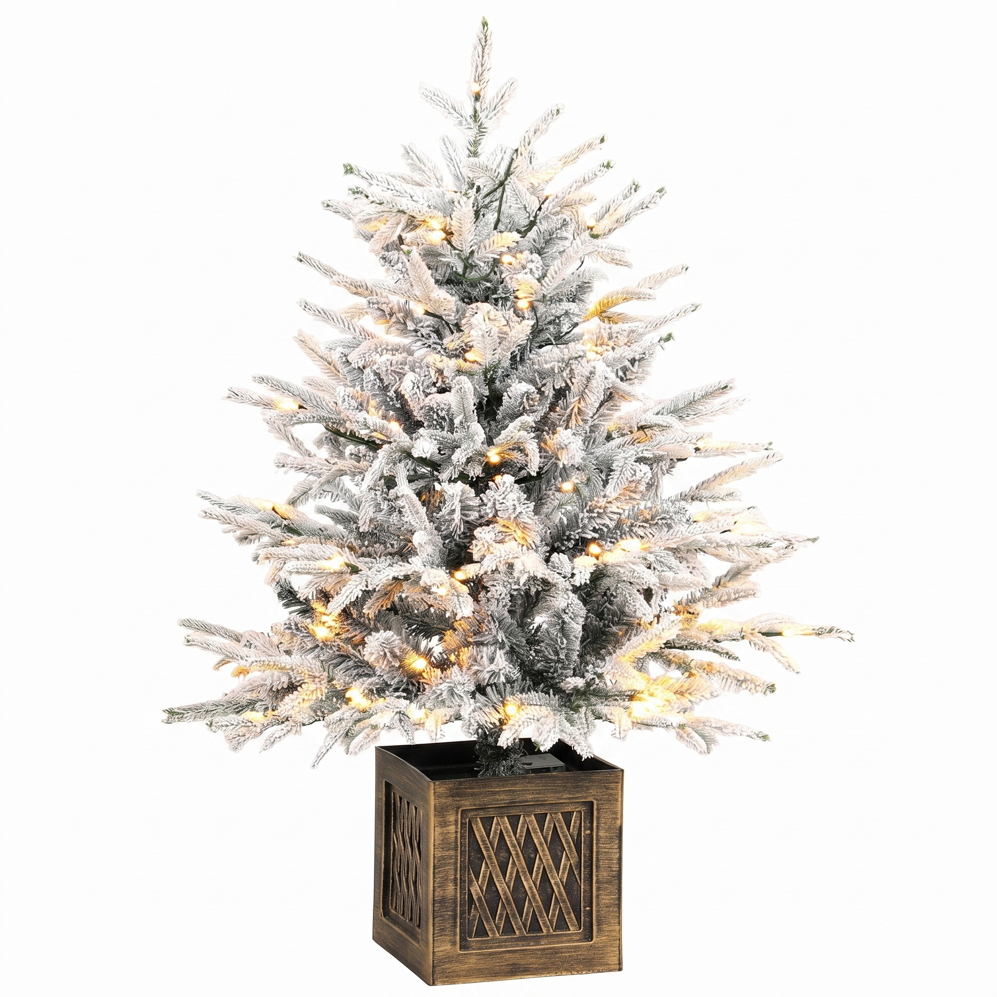 HOMCOM Tisch-Weihnachtsbaum 90 cm, vorbeleuchtet und beschneit, künstlicher Weihnachtsbaum mit 70 warmweißen LEDs, 488 Spitzen, Standfuß, Grün/Weiß   Aosom