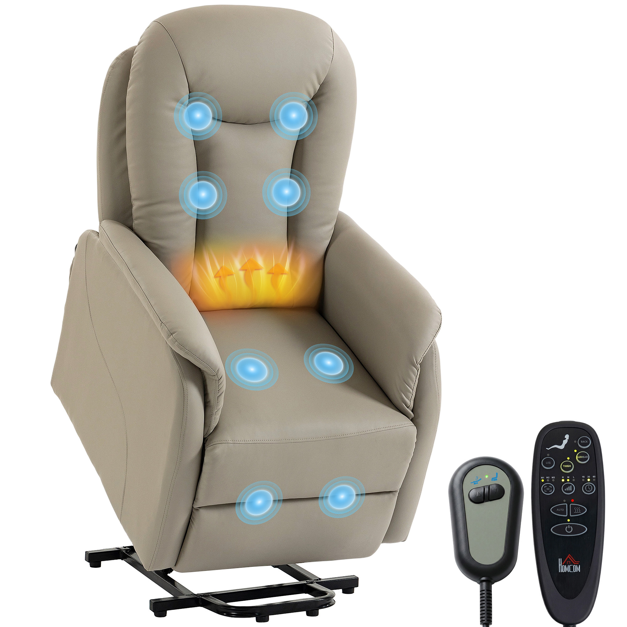 HOMCOM Fauteuil Releveur Électrique Massage Vibration et Chaleur, Fauteuil Relax Électrique en PU, Dossier Inclinable, Gris