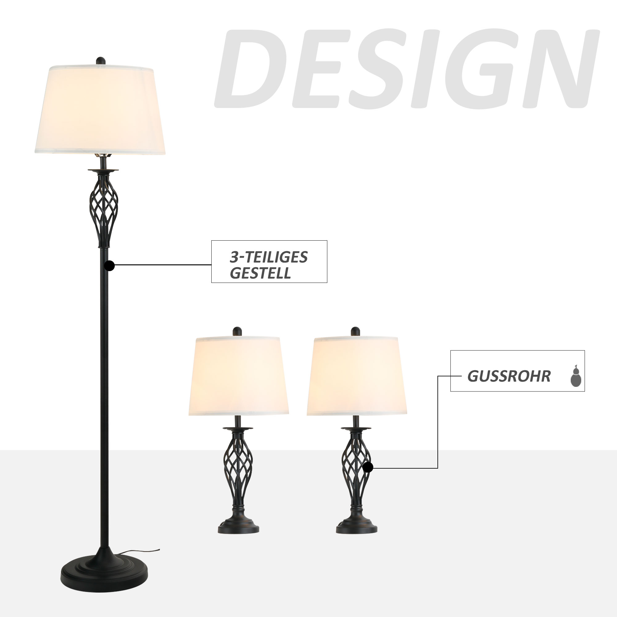 3-osaline lampide komplekt: 2 laualampi (ø38 x 158K cm) + 1 põrandalamp (ø30 x 62K cm), vintage-stiilis põrandalamp jalalülitiga, lugemislamp elutuppa, magamistuppa, metall, mustvalge