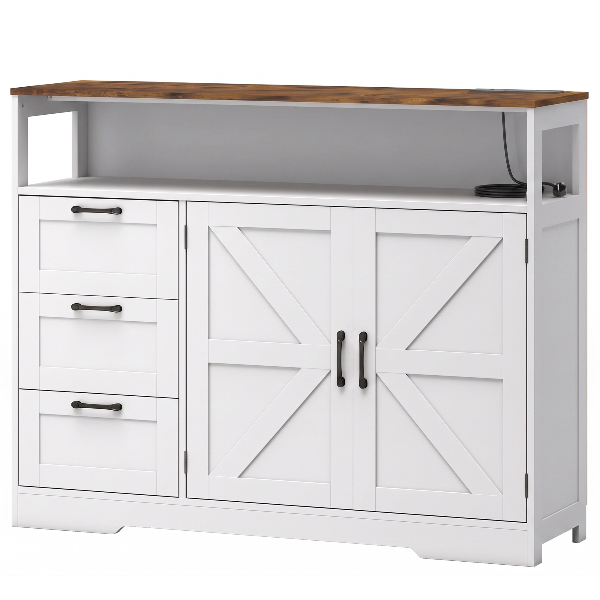 HOMCOM Sideboard Cabinet with Power Outlet, Farmhouse Kitchen Cabinet with 3 Drawers and Open Shelf, White HOMCOM Sideboard Cabinet with Power Outlet, Farmhouse Kitchen Cabinet with 3 Drawers and Open Shelf, White