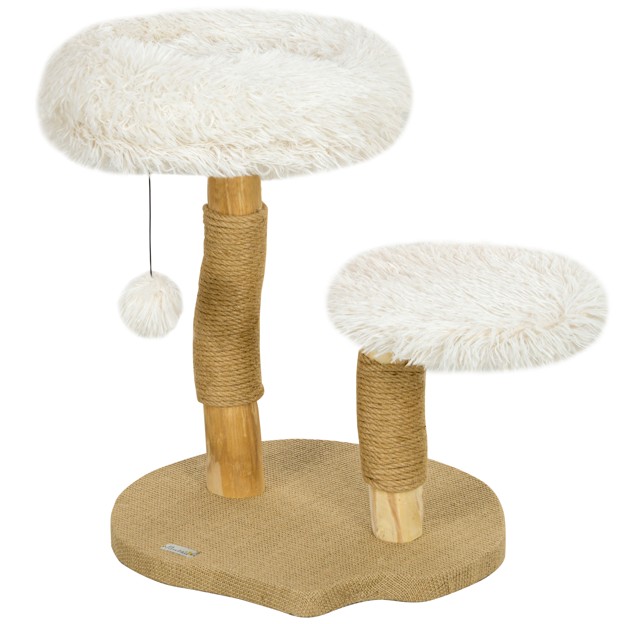 PawHut Kratzbaum 61,5 cm hoch Katzenkratzbaum mit Spielball, Betten, Katzenturm mit Katzenkratzbrett, für Katzen unter 5 kg, Birnbaumholz, Weiß Aosom