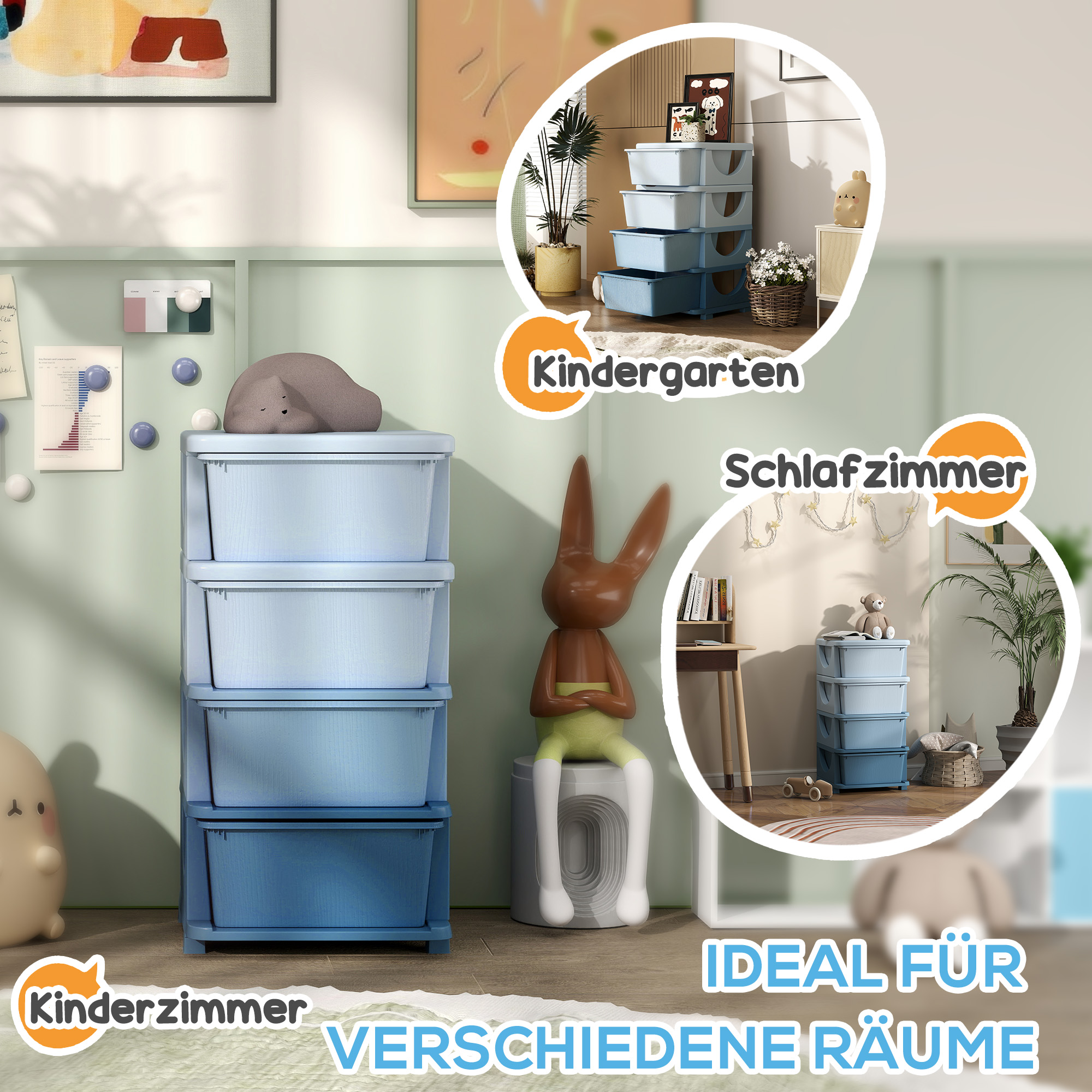 Laste hoiukastid, 4 sahtlit, ümarad servad, reljeefne disain, plast, sinine