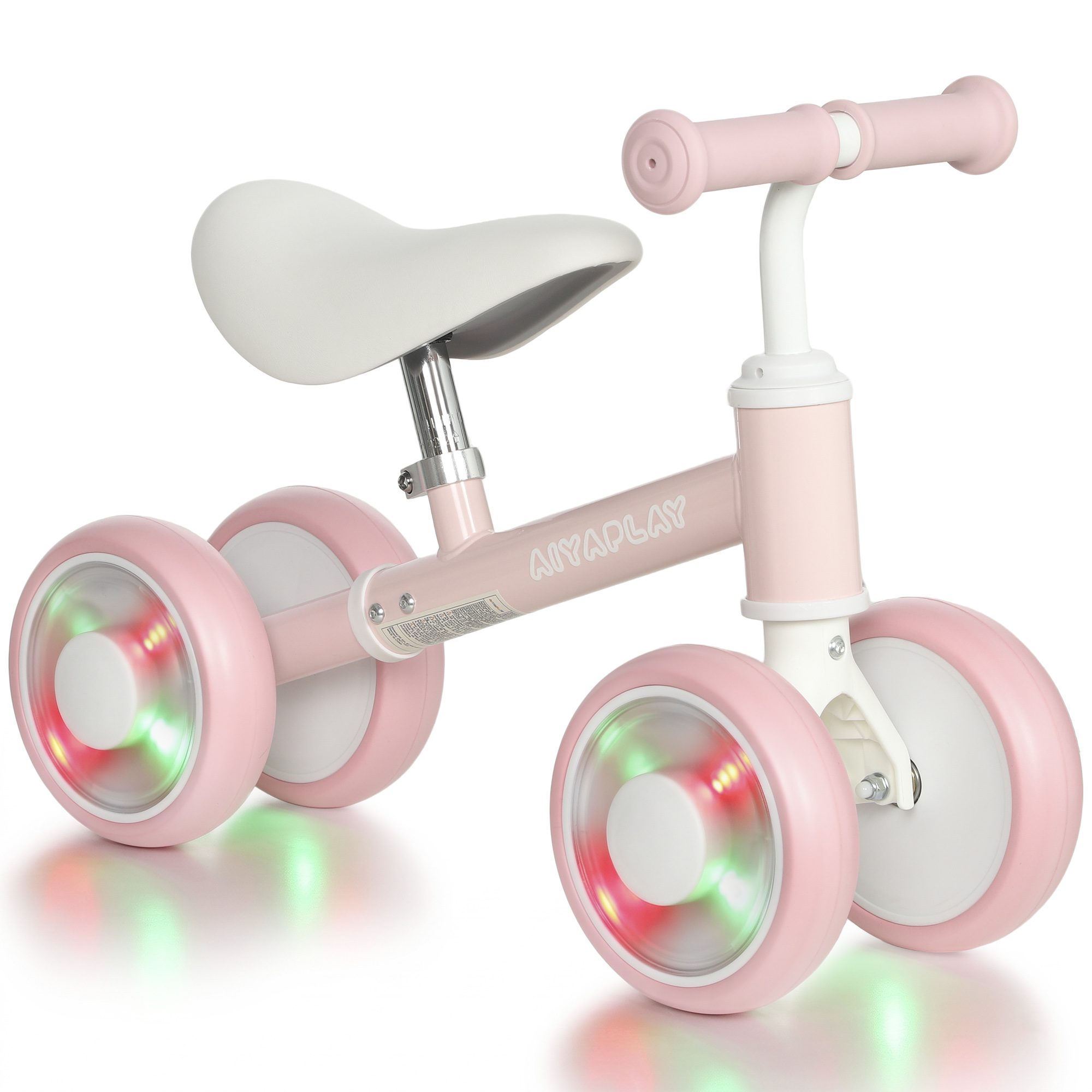 AIYAPLAY Bicicletă fără pedale pentru bebeluși 1-2 ani, 4 roți luminoase, șezut reglabil, direcție limitată, anvelope EVA silențioase, 52x22x37cm, roz | Aosom Romania