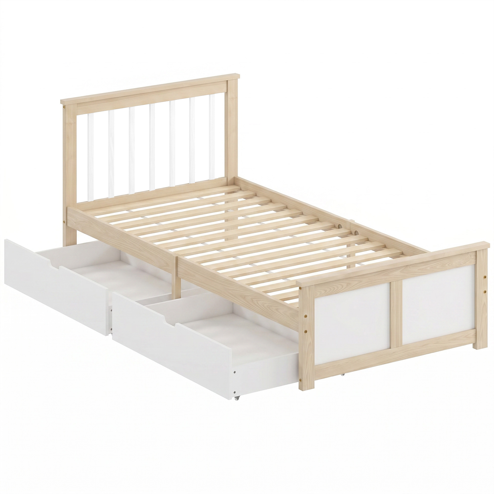 Homcom Natural Wood Finish Pine Storage Bed, 3Ft Single Solid Wooden Bed Frame With Drawers, Headboard, Wood Slat Support,