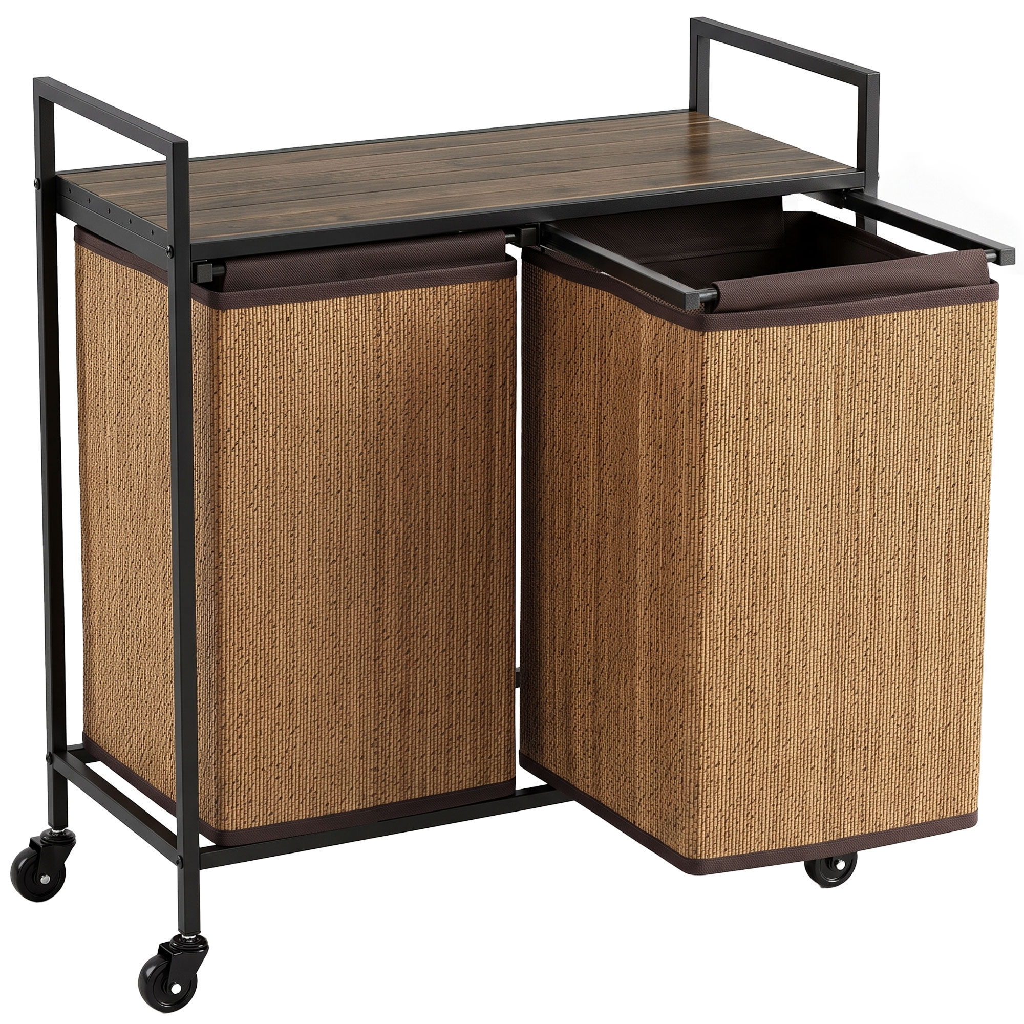 HOMCOM Panier à linge en bambou 2 compartiments 120 L collecteur avec étagère, bac amovible, sur roulettes 73x33x78 cm, Marron