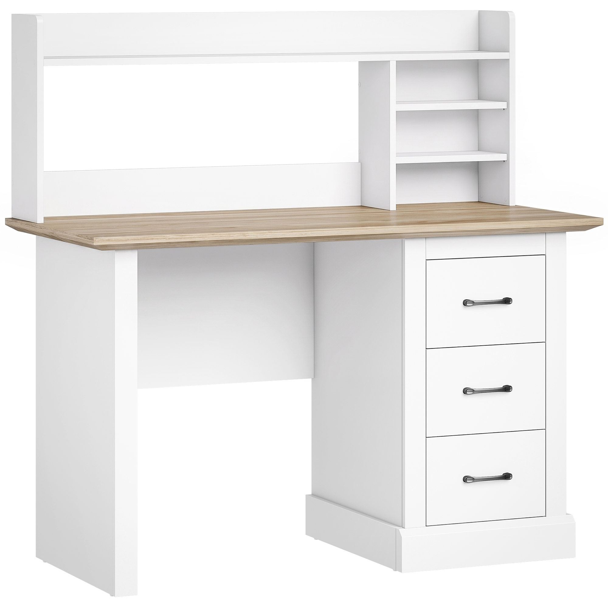 HOMCOM Computertisch mit 3 Schubladen, 120x55cm, Schreibtisch mit Stauraum, Offene Regale und Große Tischplatte, Schreibtisch für Wohnzimmer, Zuhause, Kleine Räume, Eiche und Weiß Aosom
