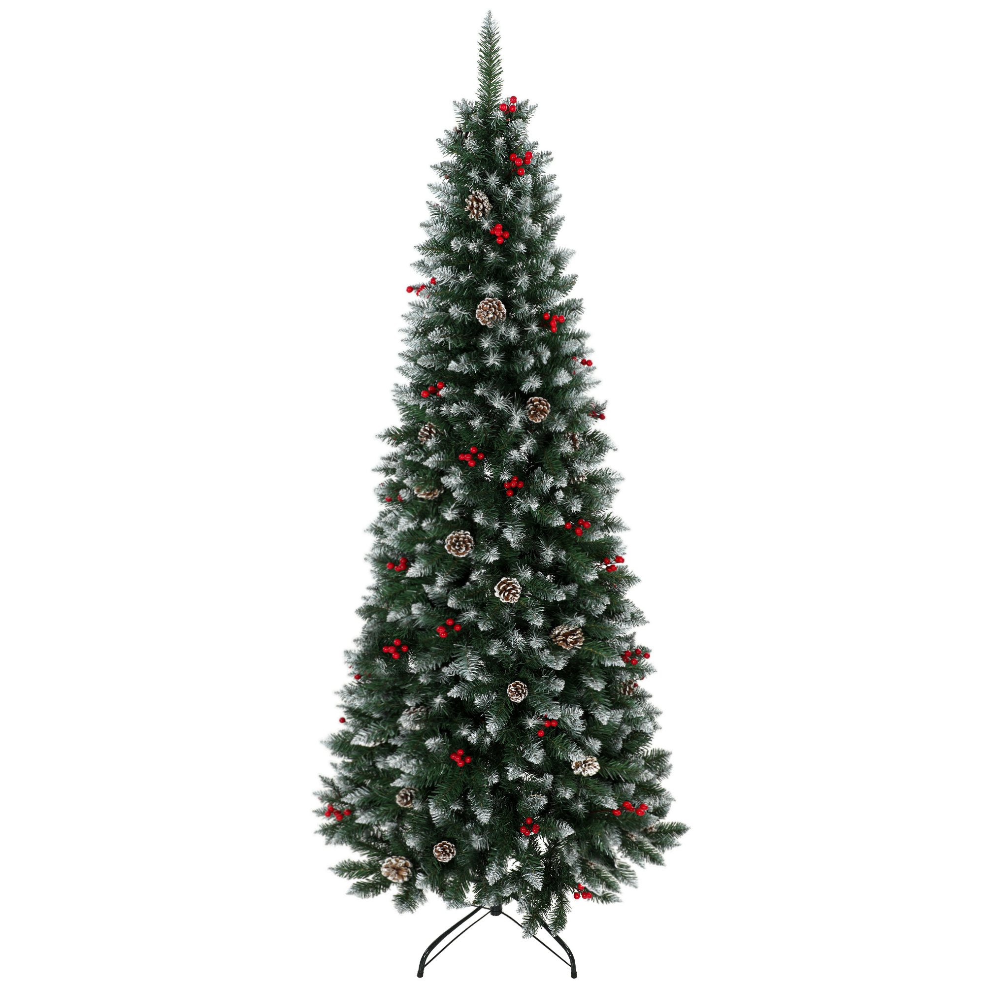 HOMCOM Schmaler Weihnachtsbaum 210 cm, Verschneiter künstlicher Weihnachtsbaum mit 818 Zweigen, rote Beeren, Zapfen, klappbarer Metallfuß, automatische Öffnung, Weihnachtsdekoration für Wohnzimmer, Innenbereich, Grün Aosom