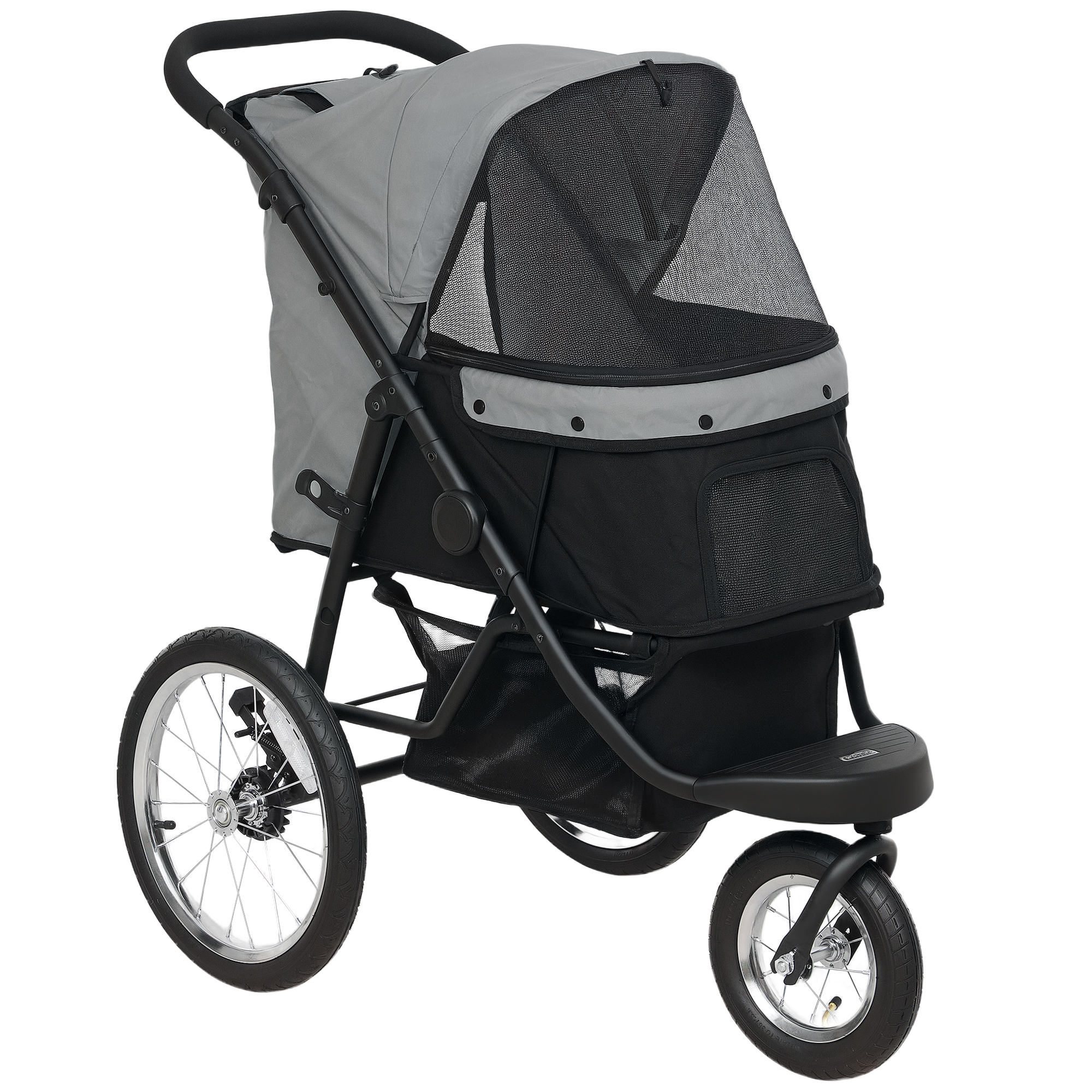 PawHut Carrito para Perros y Gatos Plegable hasta 10 kg Cochecito para Perros Pequeños de 3 Ruedas Grandes de Goma Gris