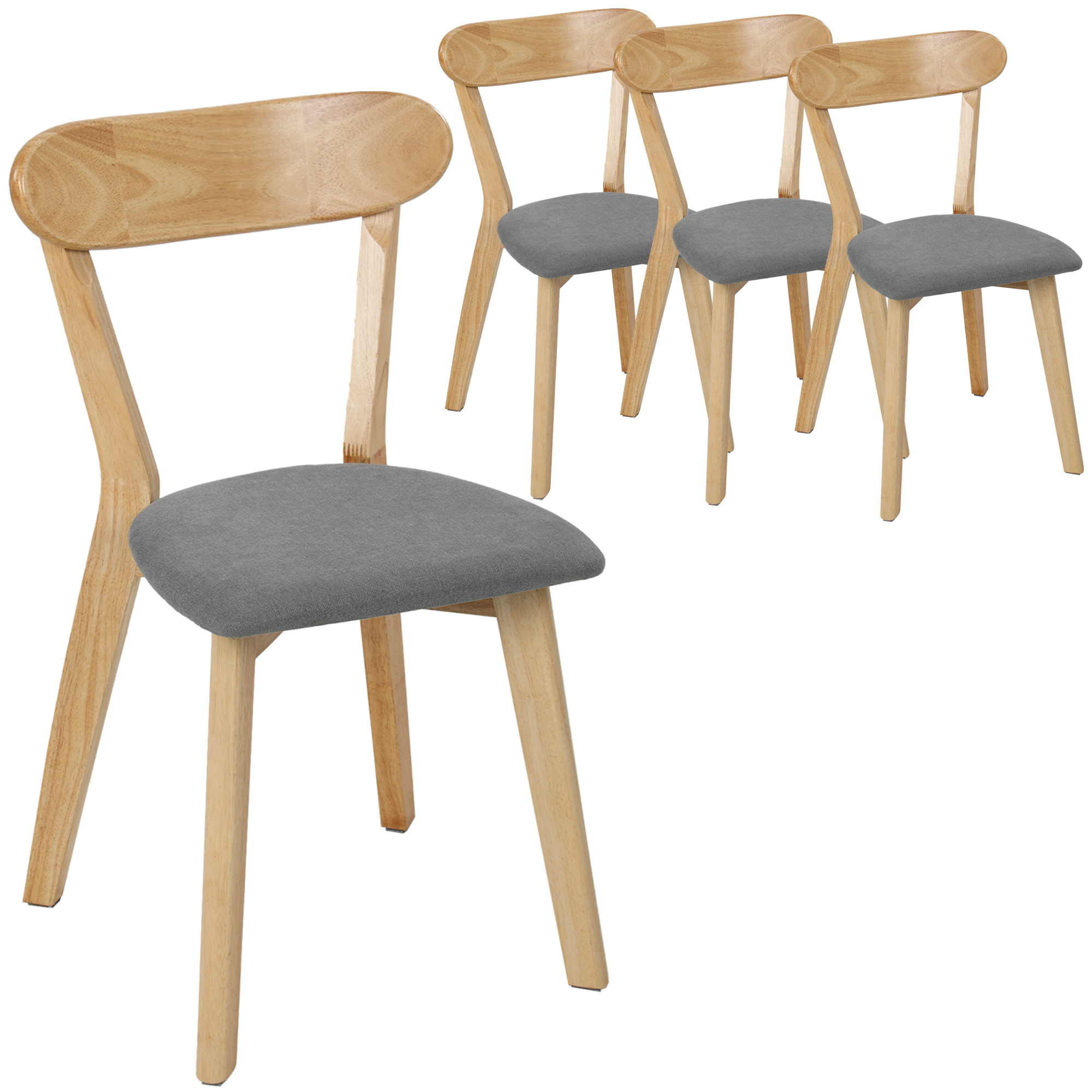 HOMCOM Set mit 4 Esszimmerstühlen, Küchenstühle, Gepolsterte Sitzfläche in Leinenoptik, Geschwungene Rückenlehne, Füße aus Gummibaumholz, Moderner Mid-Century-Stil, für Wohnzimmer, Grau und Naturholz Aosom