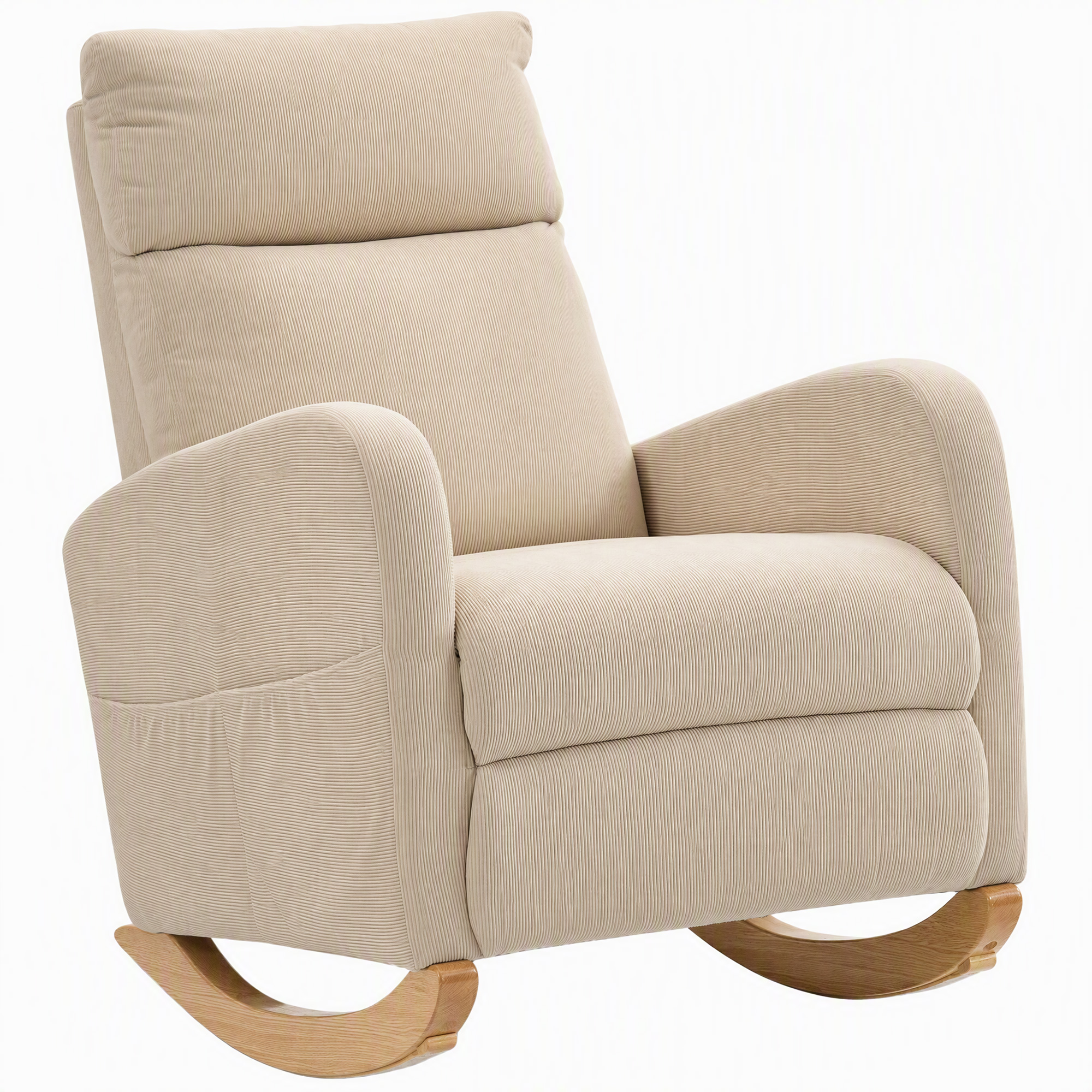 HOMCOM Schaukelstuhl, gepolsterter Schaukelsessel mit Cordstoff, Seitentaschen und Holzbeinen, moderner Schwingsessel für Kinderzimmer, Wohnzimmer, Schlafzimmer, Beige Aosom