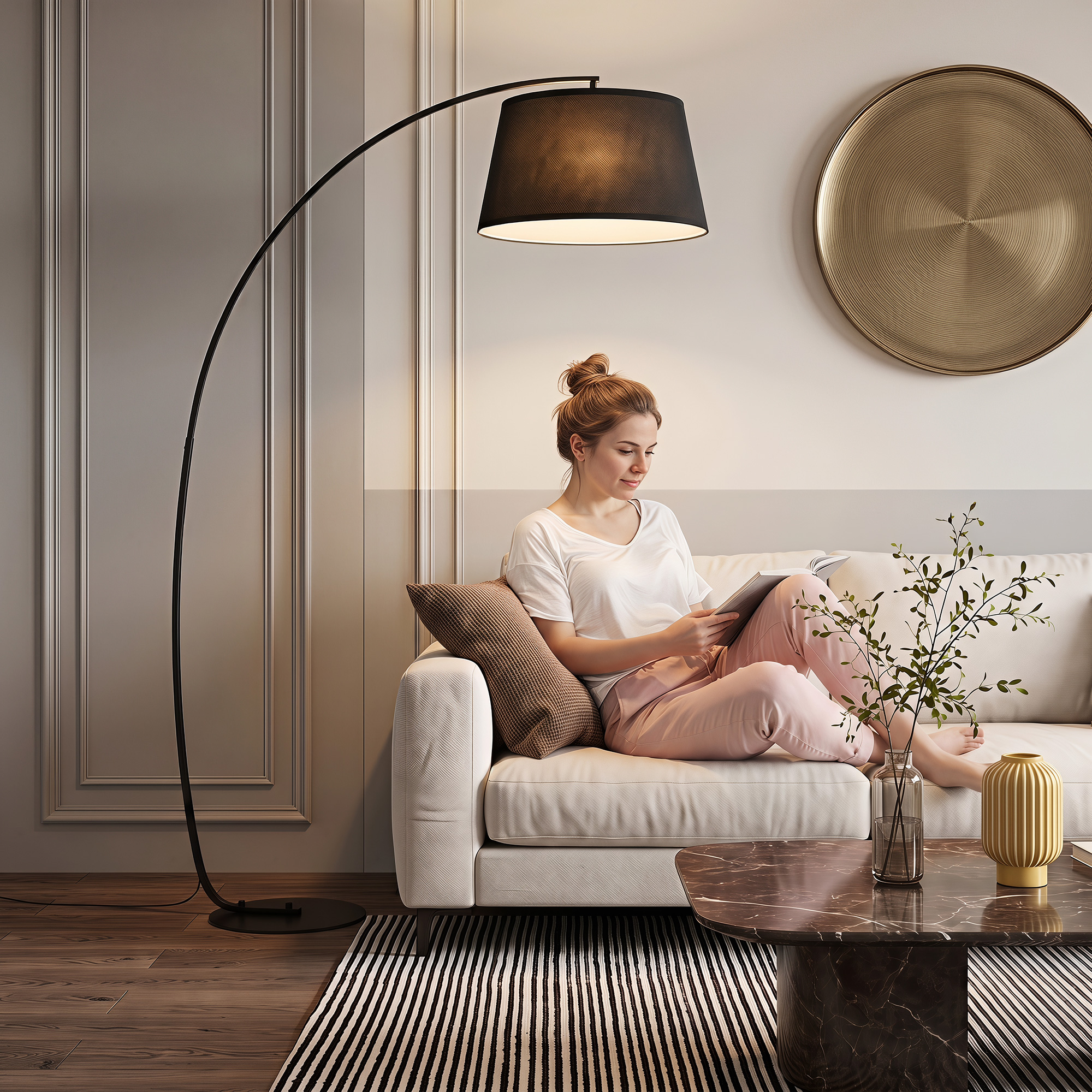 Põrandalamp, kumer põrandalamp kangast varjuga, põrandalamp ümara jalaga, metall, 105P x 47L x 190K cm, must