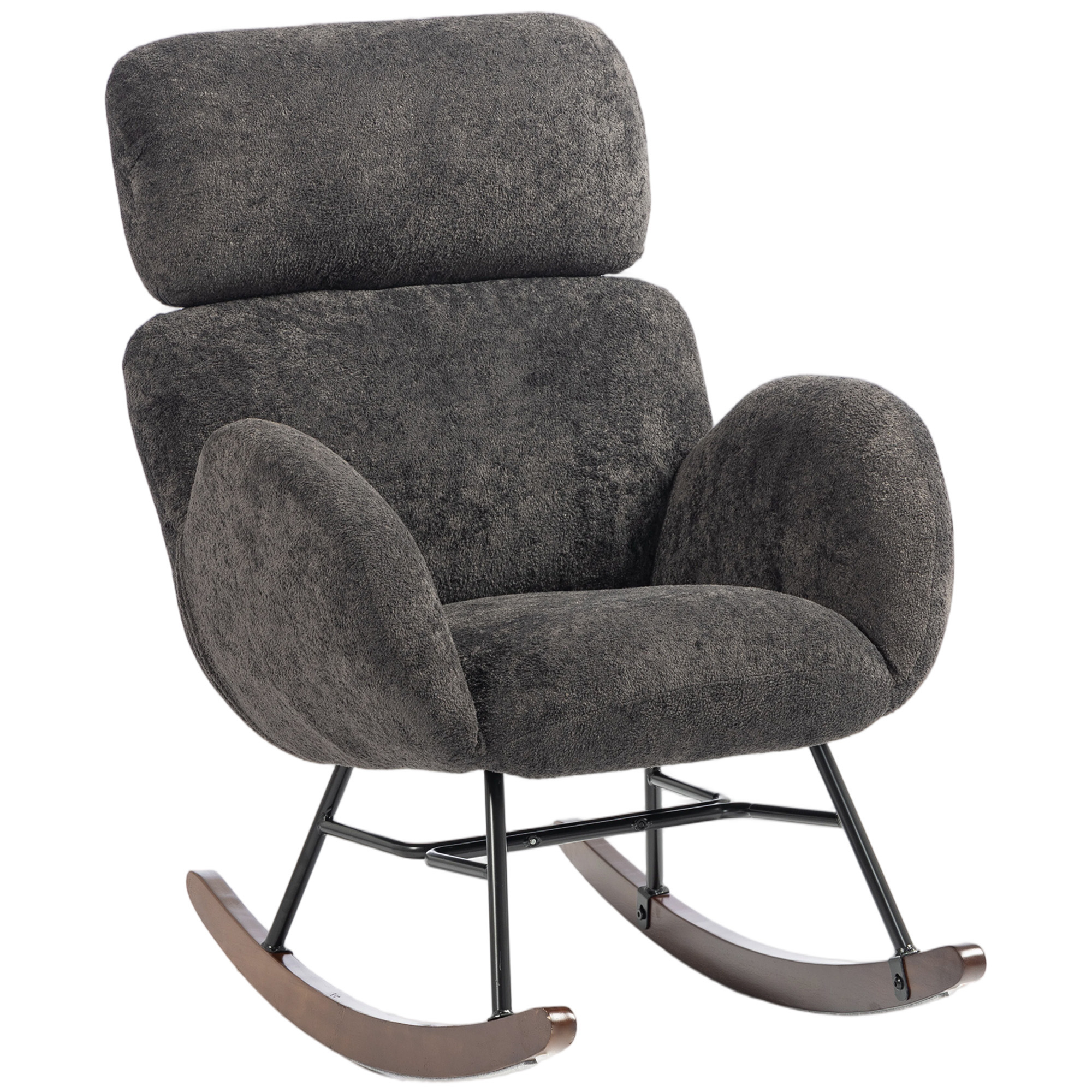 HOMCOM Schaukelstuhl Schaukelsessel mit Verstellbarer Kopfstütze, Holzbeine, Sessel Relaxsessel mit Samtnoptik mit Struktur, Schwingsessel, Lesesessel für Wohnzimmer, Schlafzimmer, Dunkelgrau   Aosom
