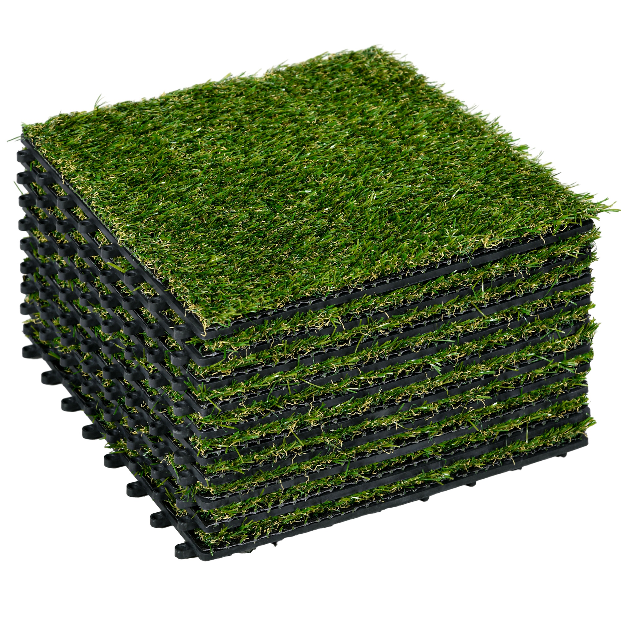 Outsunny Kunstrasen 10 Stücke Rasenteppich 30 x 30 cm Grasmatte künstlicher Rasen Rollrasen für Garten Balkon 20 mm Kunststoff Dunkelgrün   Aosom