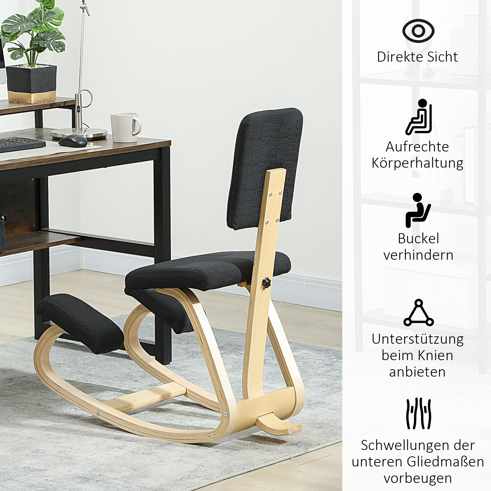 Ergonoomiline põlvitustool, põlvitaba, tervisetool koju, kontorisse, meditatsiooniks, must