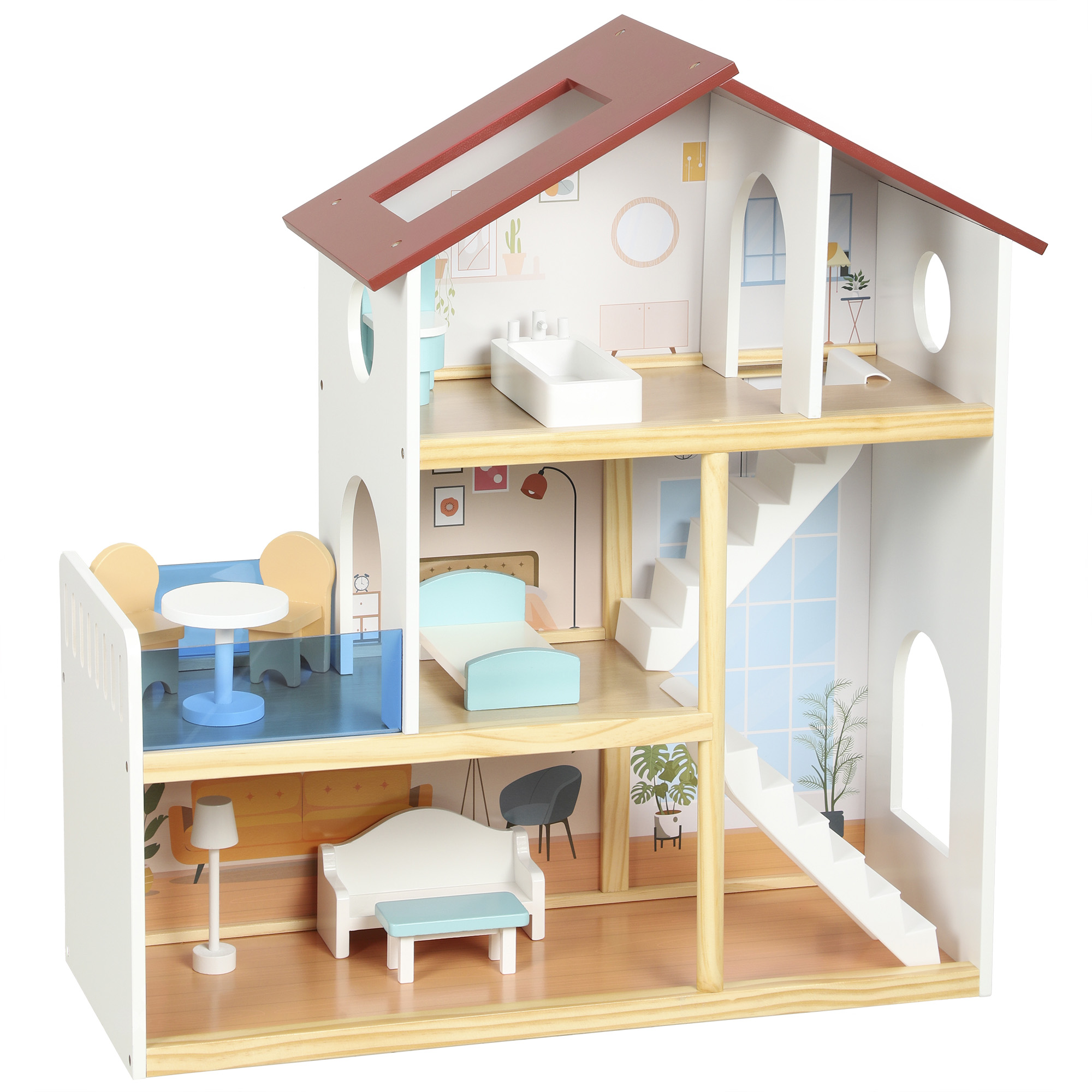 AIYAPLAY Kids Wooden Dolls House, 3-Story Dollhouse with 5 Rooms and 11 Accessories, Pretend Play Gift for Ages 3+, White